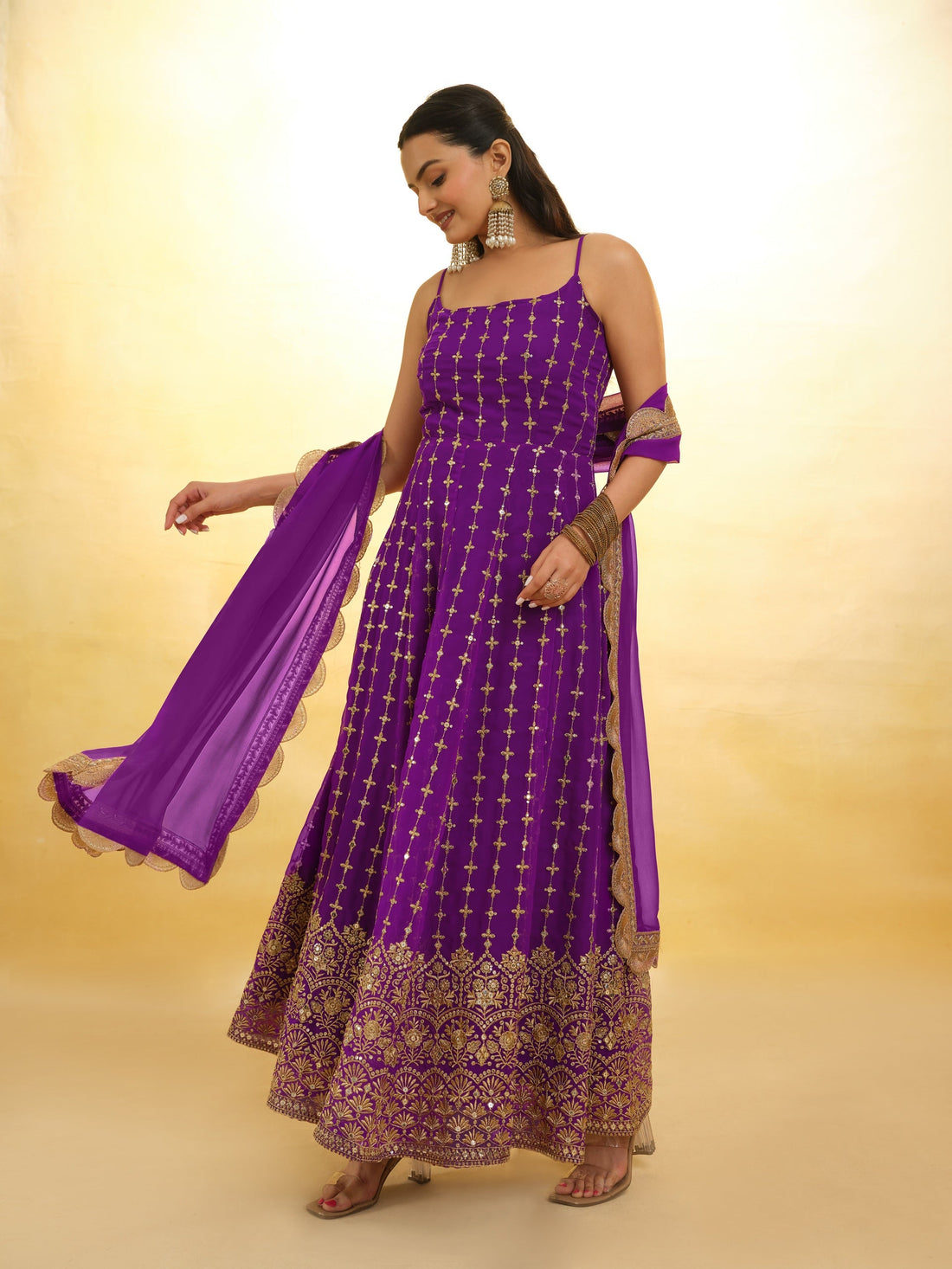 Purple Embroidered Anarkali in Georgette With Dupatta