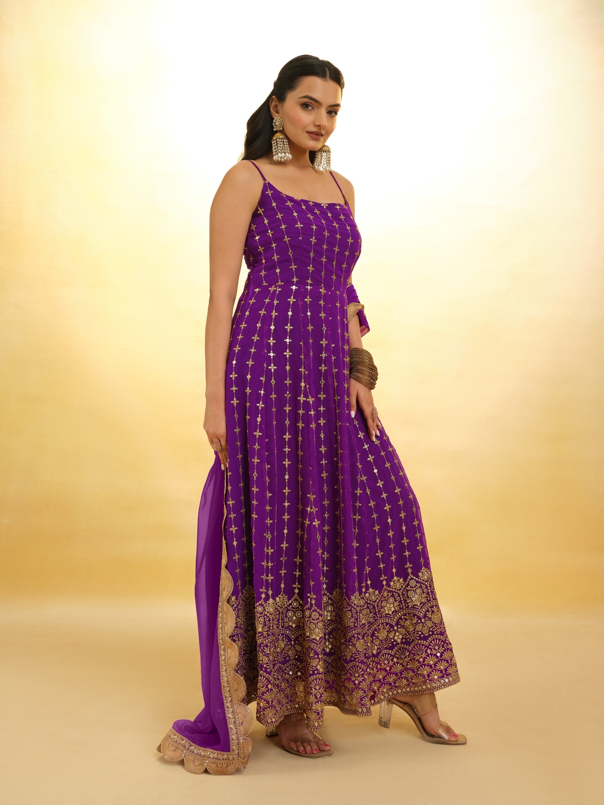 Purple Embroidered Anarkali in Georgette With Dupatta