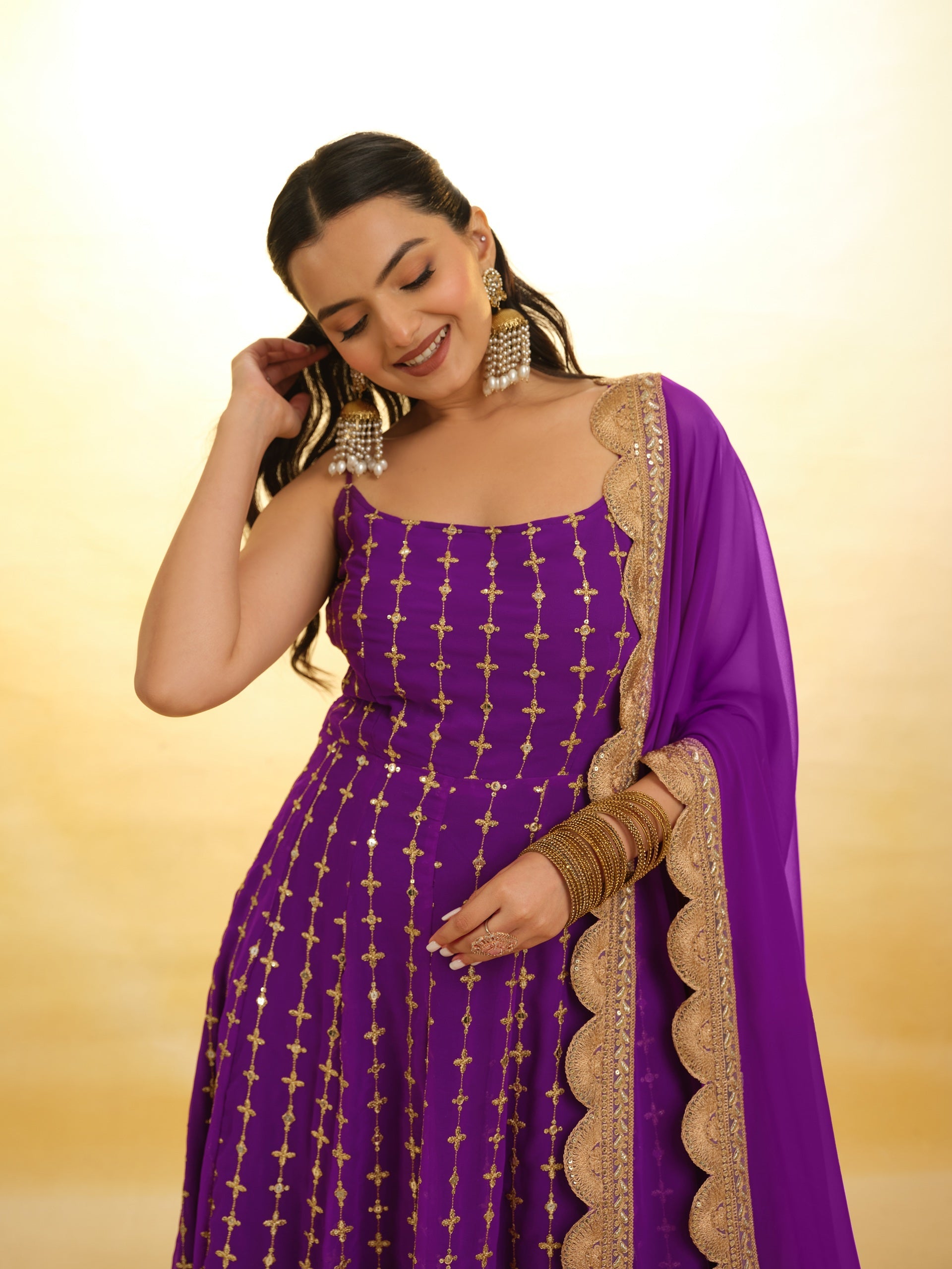 Purple Embroidered Anarkali in Georgette With Dupatta