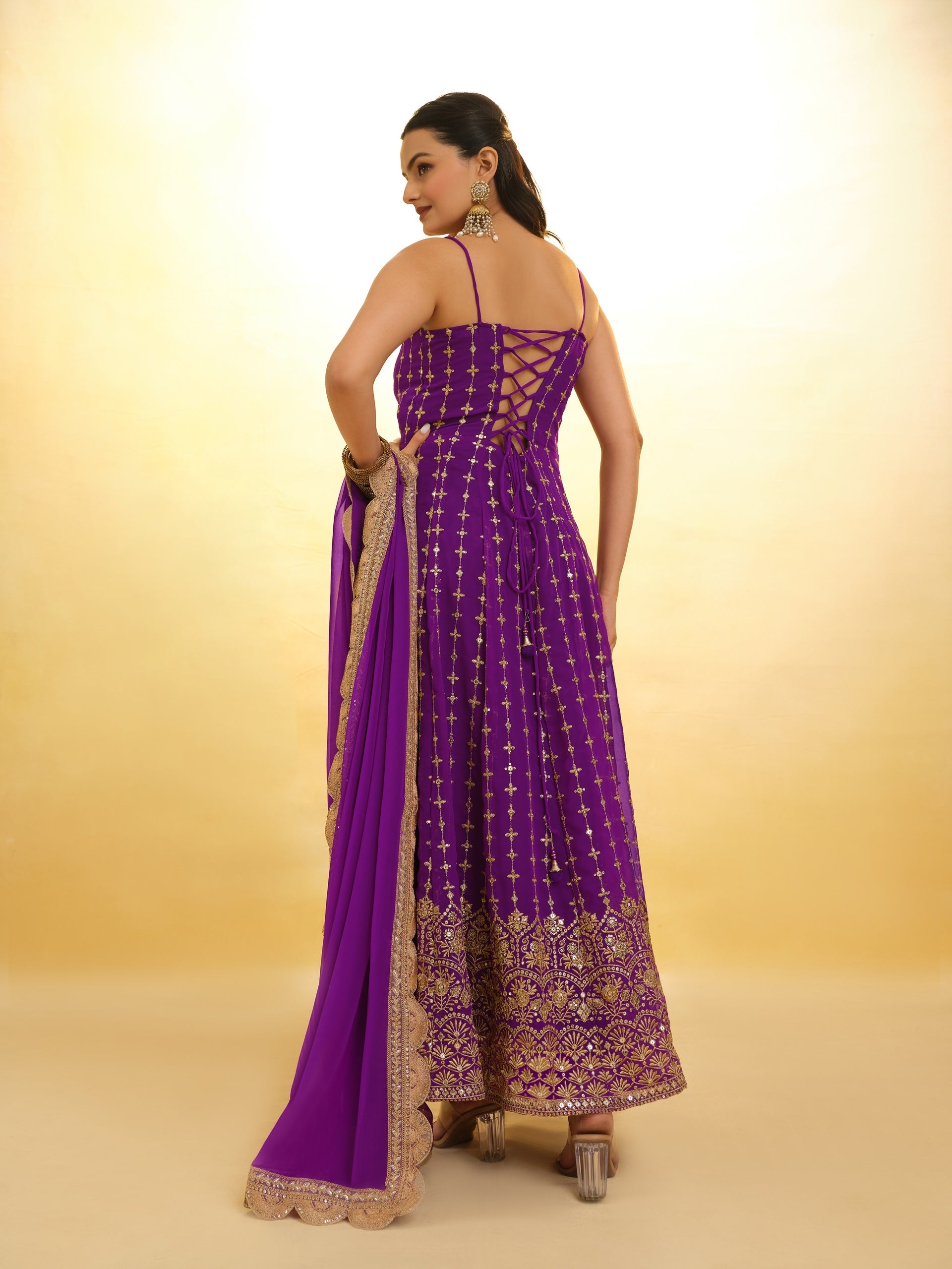 Purple Embroidered Anarkali in Georgette With Dupatta