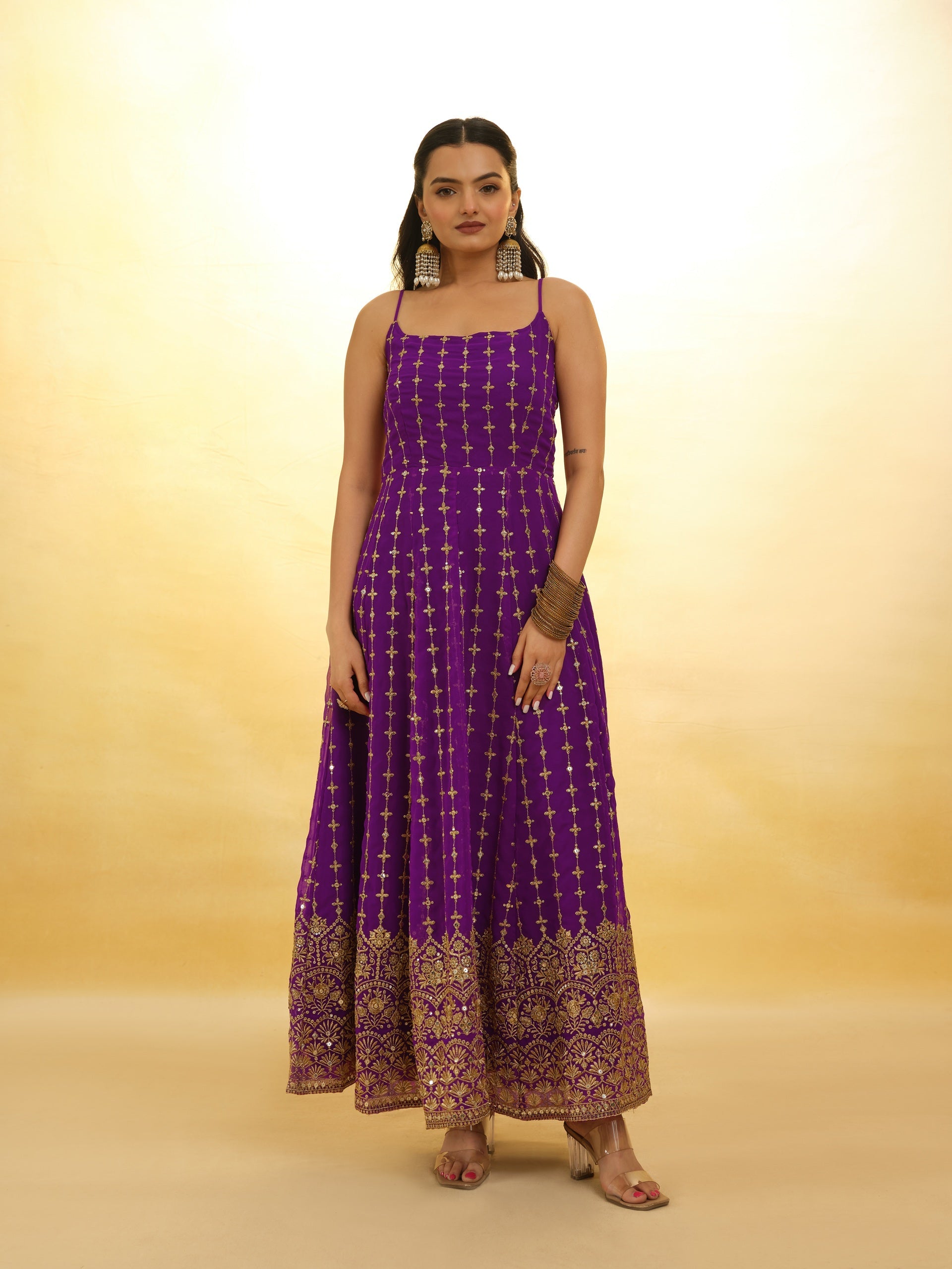 Purple Embroidered Anarkali in Georgette With Dupatta