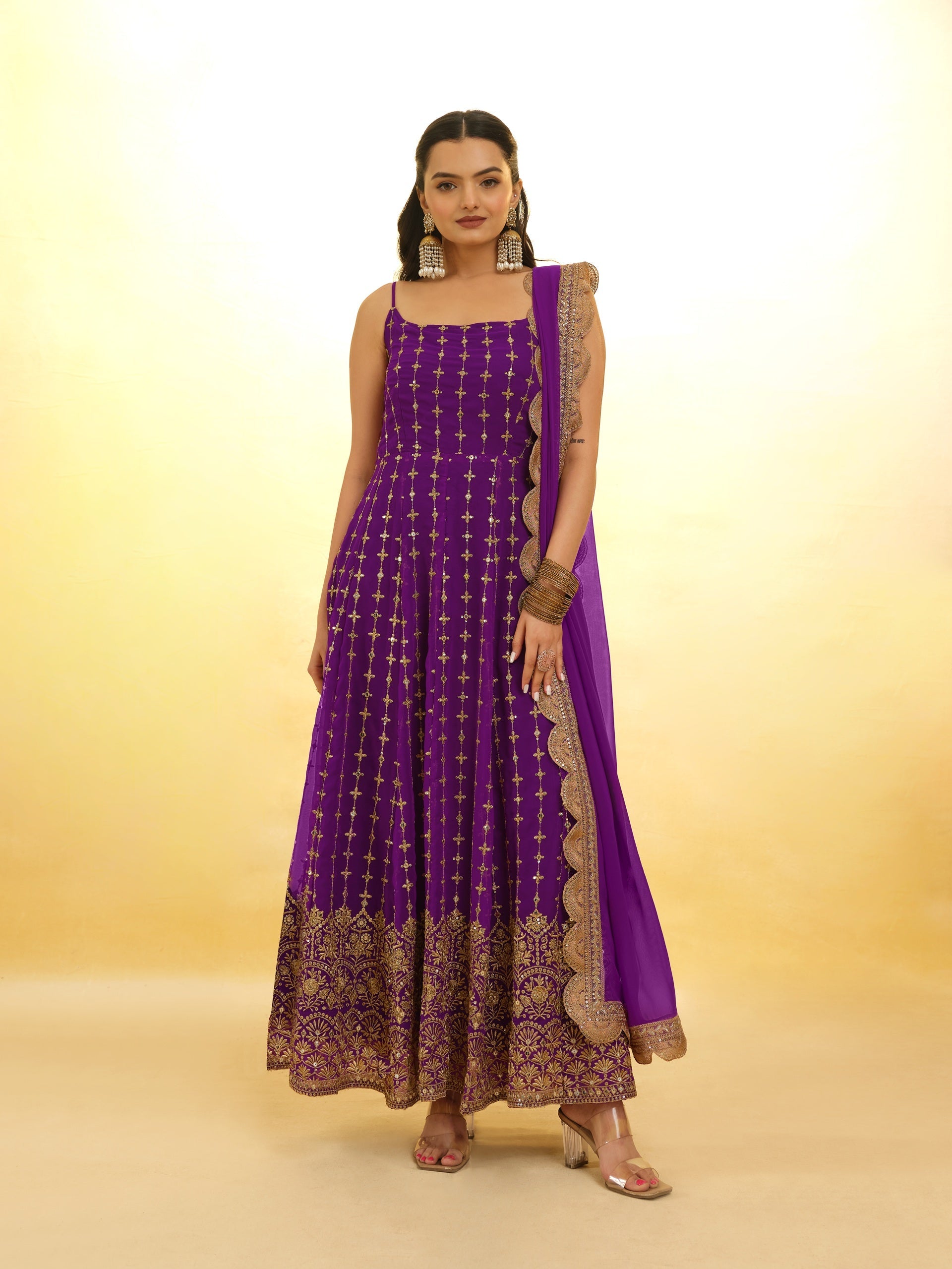 Purple Embroidered Anarkali in Georgette With Dupatta