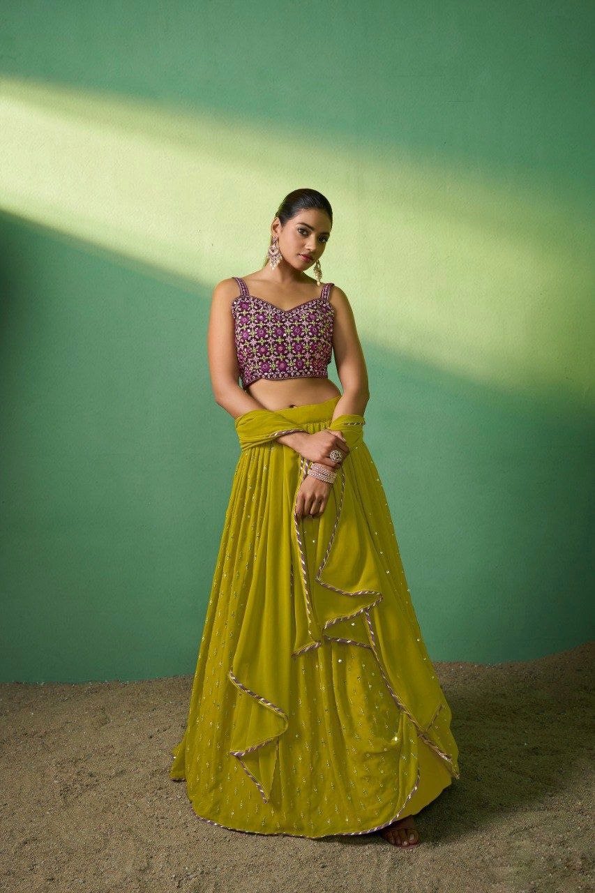 Green Embroidered Georgette Lehenga Choli