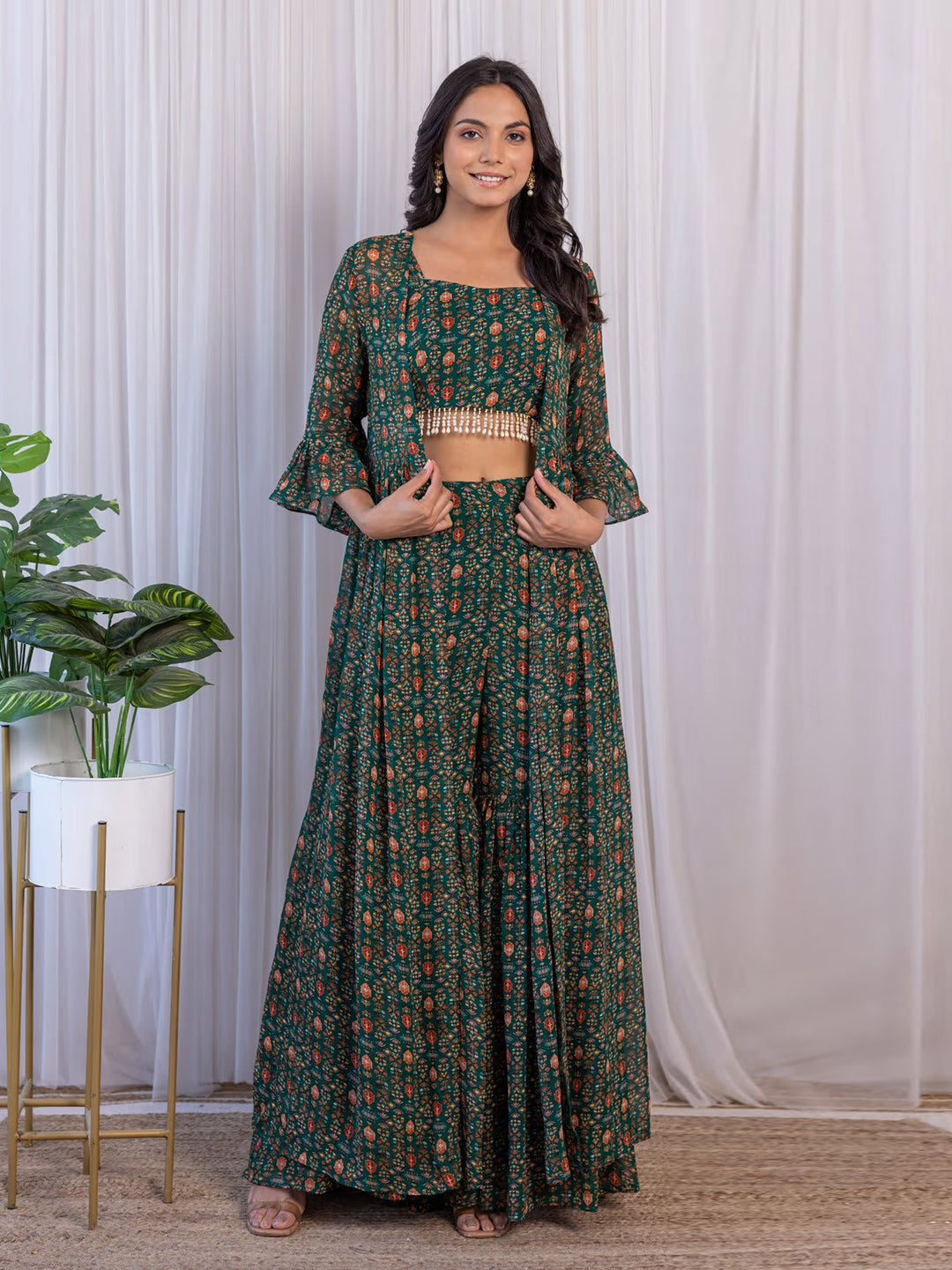 Green Georgette Printed Sharara Set with Jacket