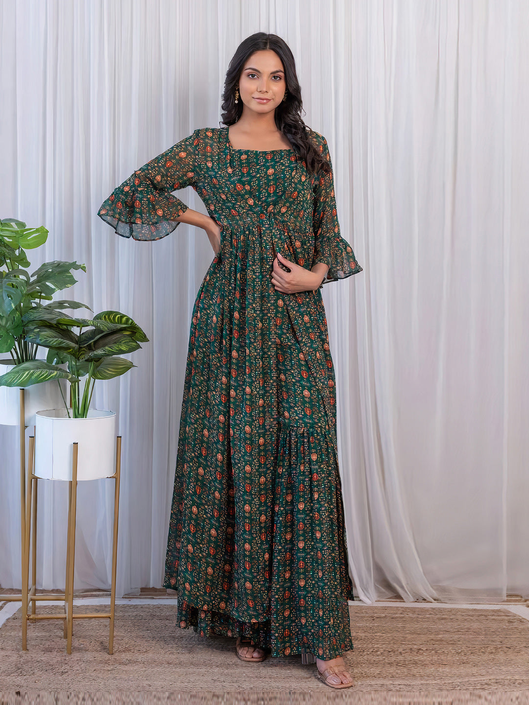 Green Georgette Printed Sharara Set with Jacket