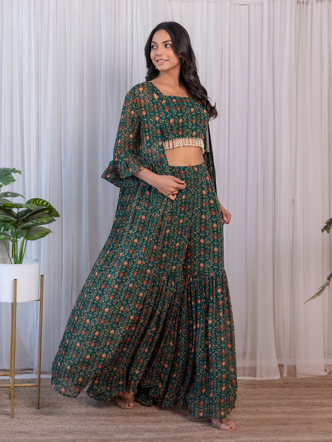 Green Georgette Printed Sharara Set with Jacket