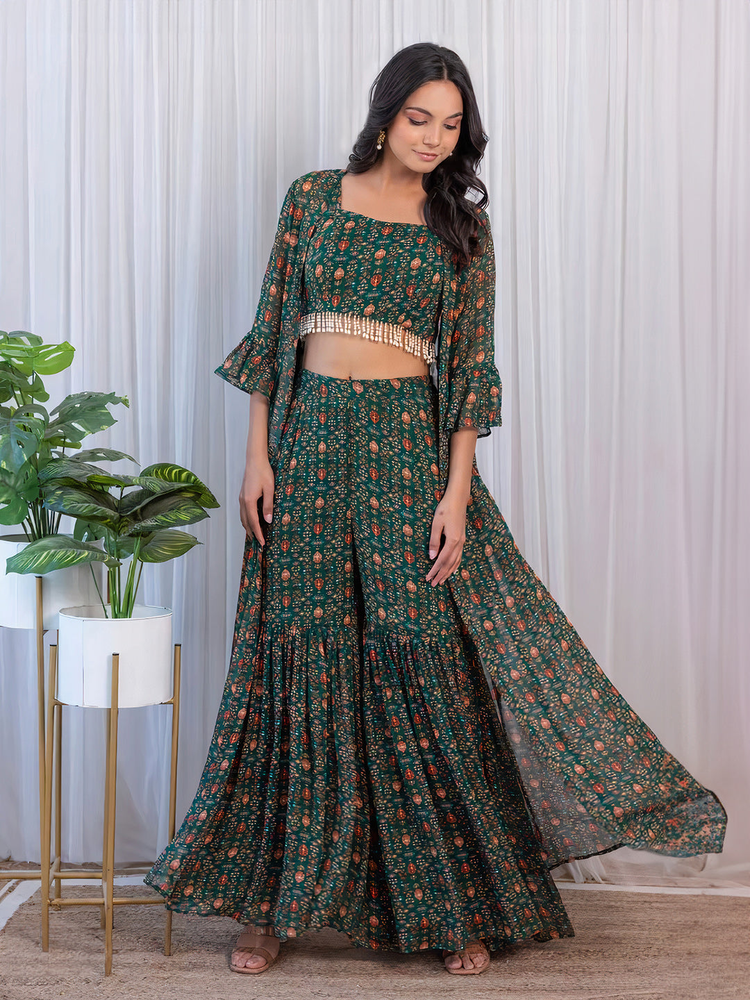 Green Georgette Printed Sharara Set with Jacket