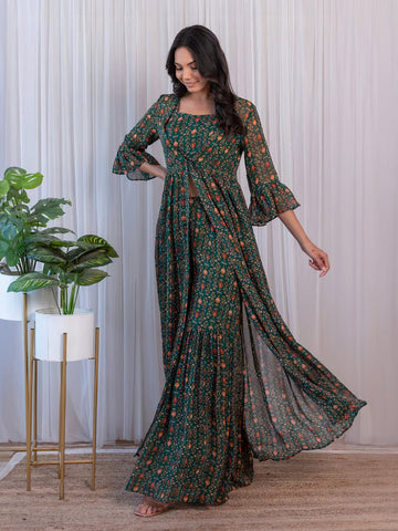 Green Georgette Printed Sharara Set with Jacket