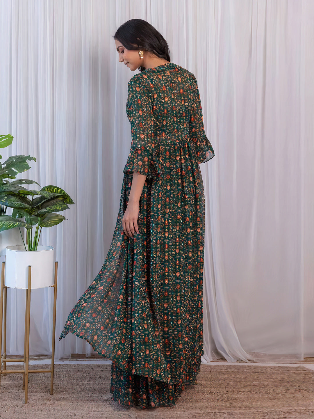 Green Georgette Printed Sharara Set with Jacket