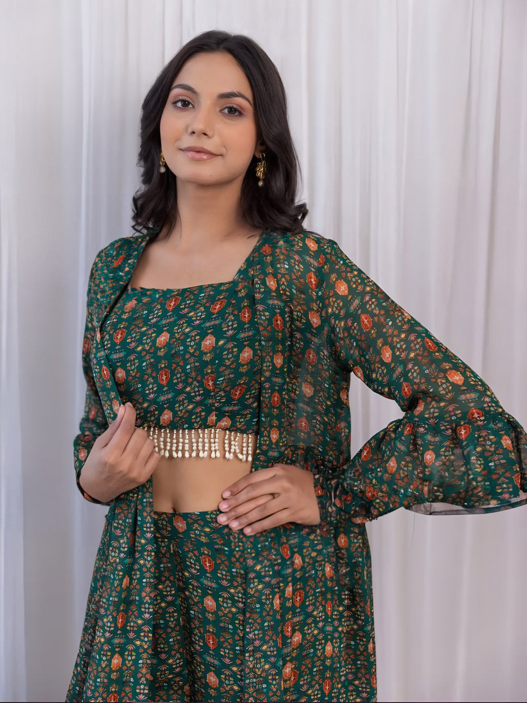 Green Georgette Printed Sharara Set with Jacket