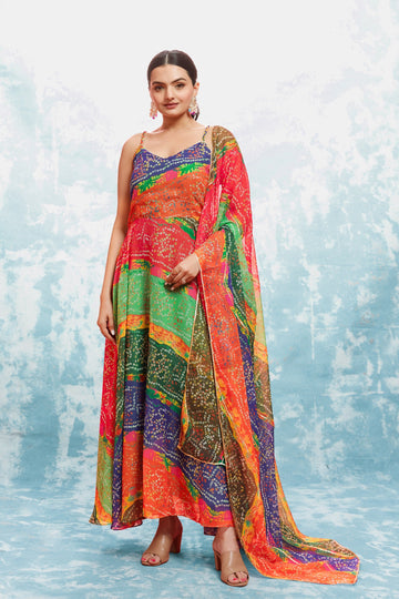 Multicolored Bandhej Print Georgette Readymade Suit