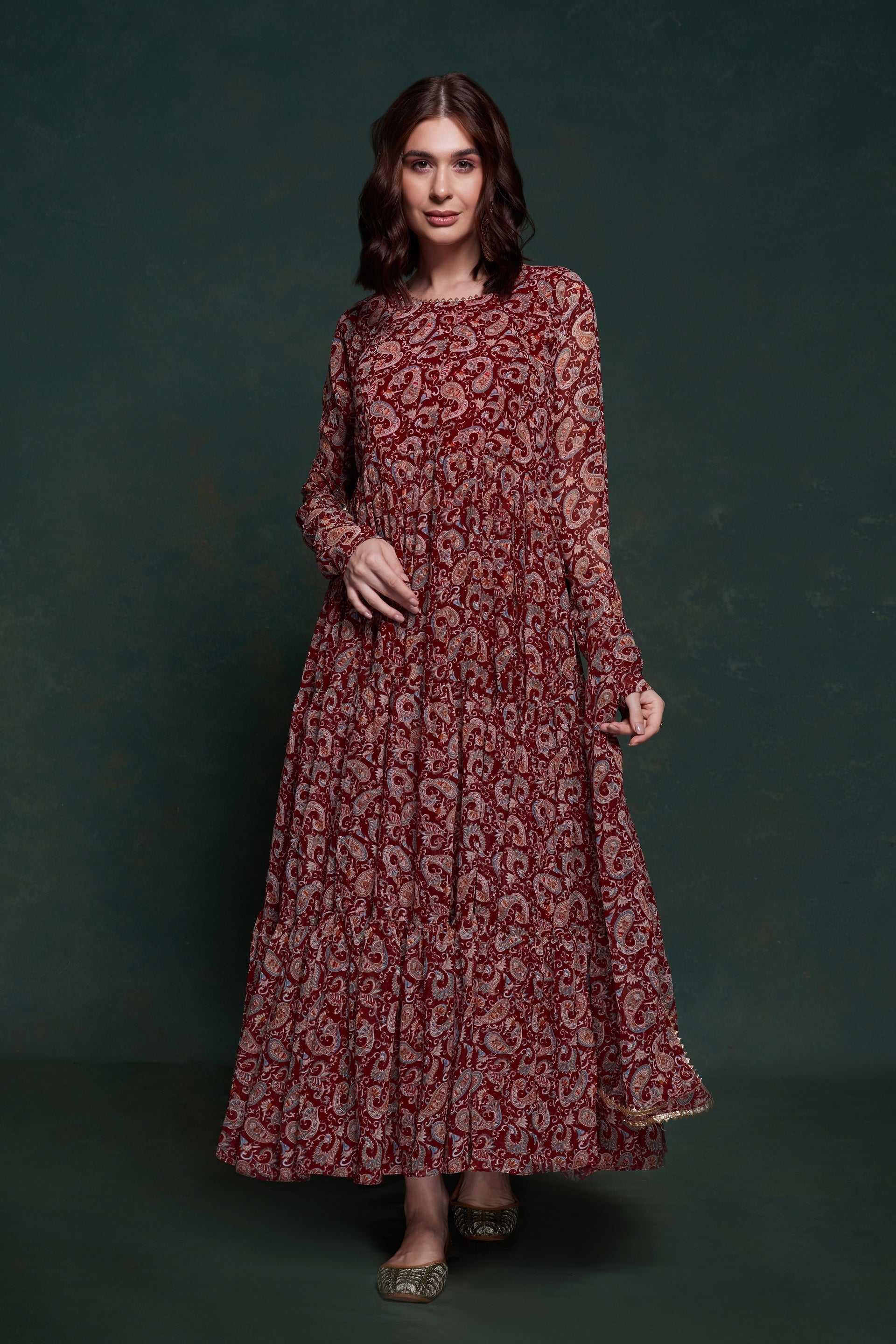 Readymade Gown Lace Organza in Maroon
