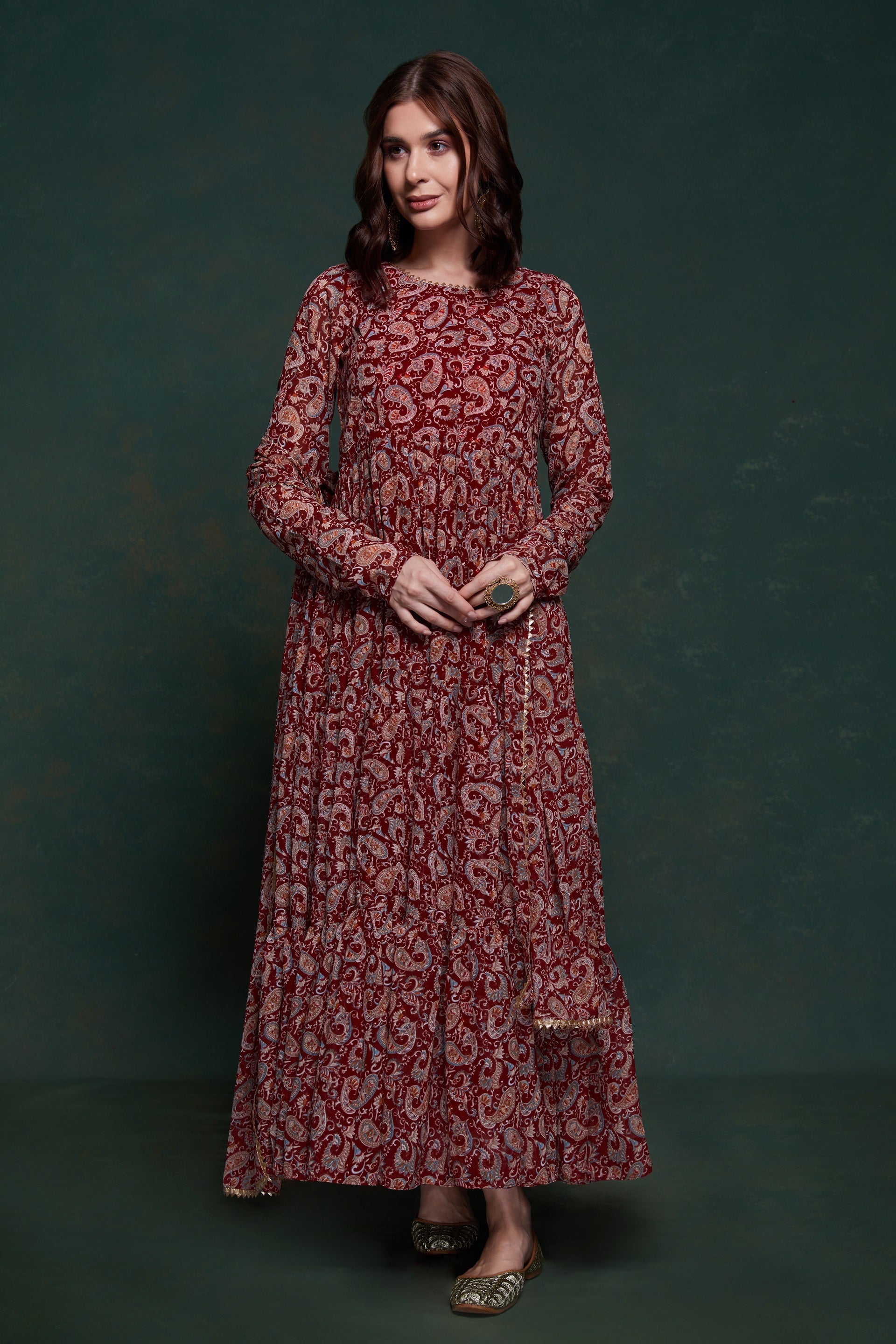 Readymade Gown Lace Organza in Maroon