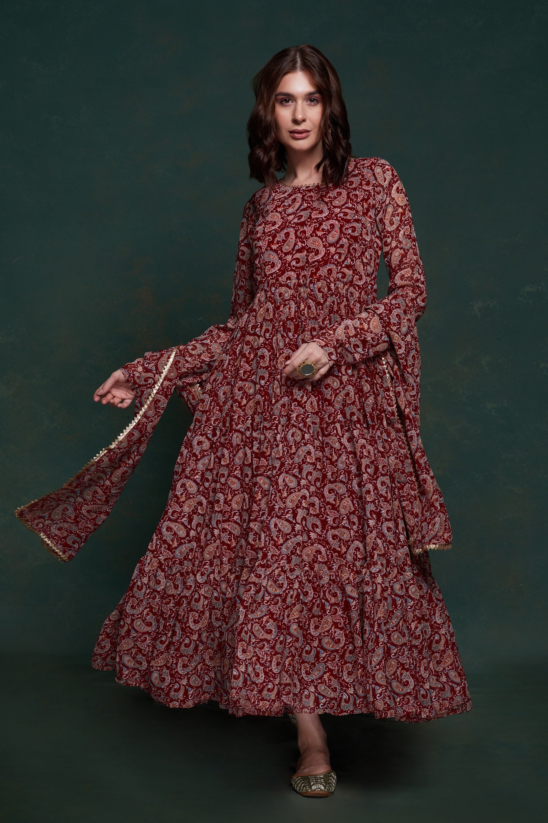 Readymade Gown Lace Organza in Maroon