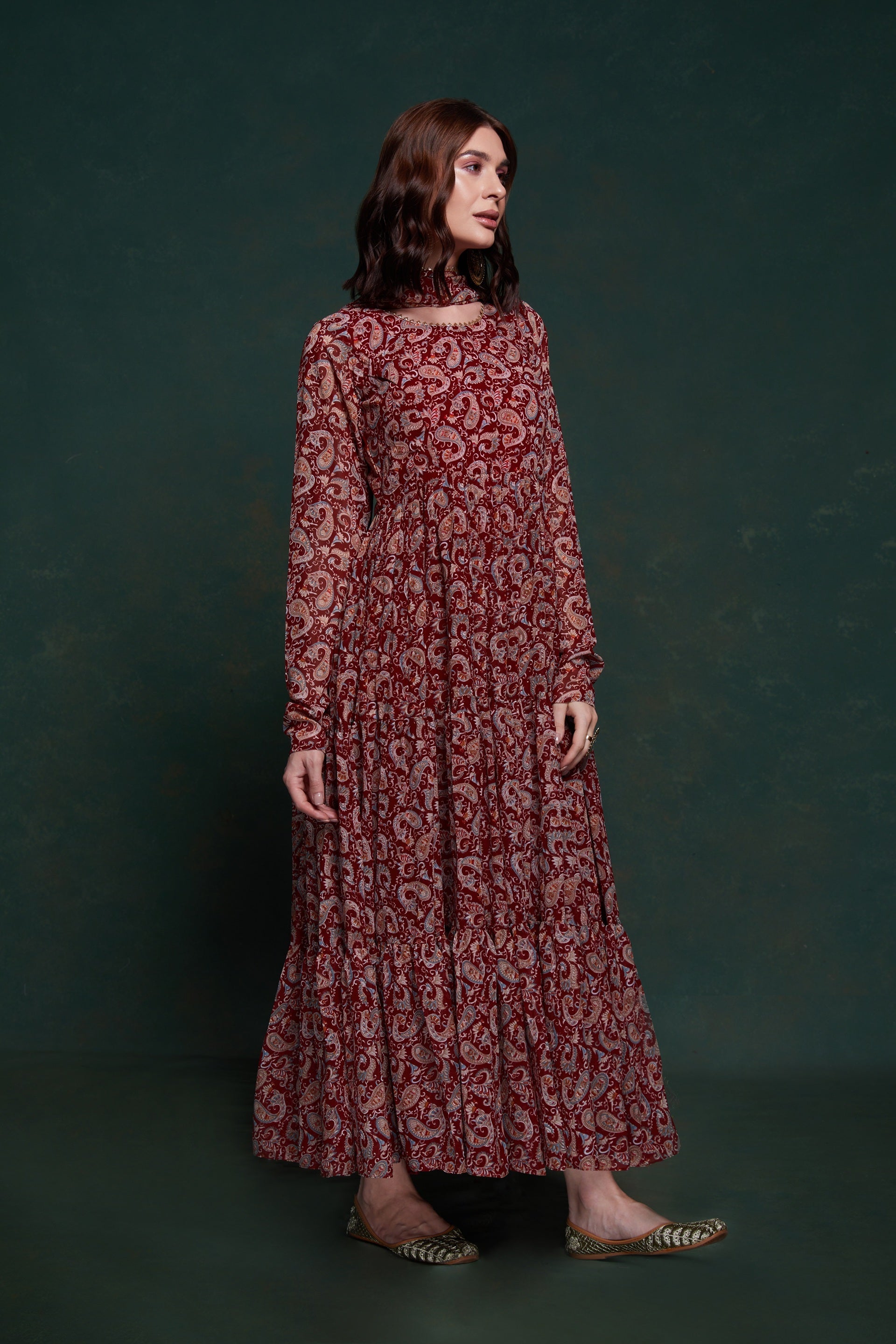 Readymade Gown Lace Organza in Maroon
