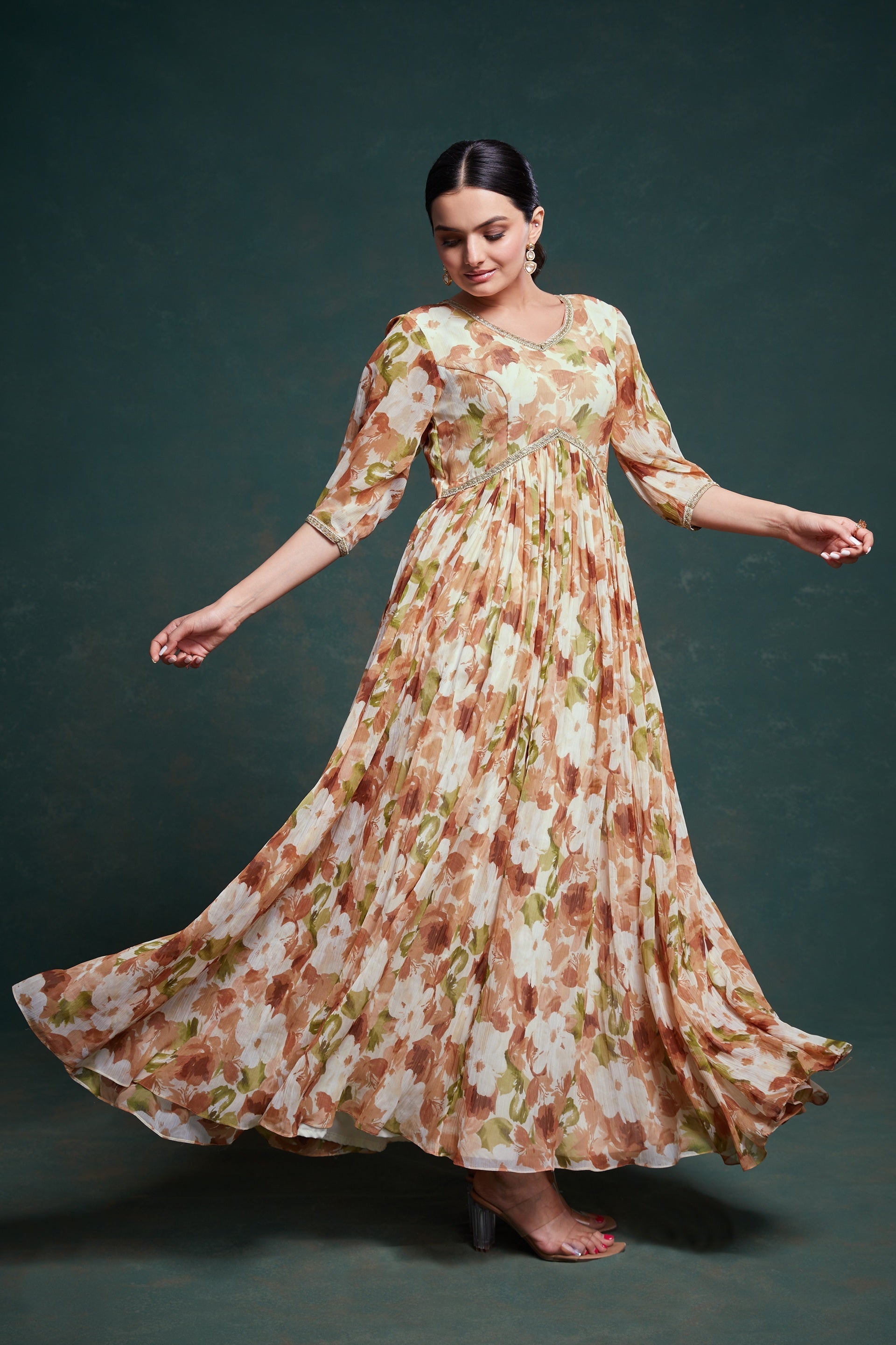 Brown Georgette Dress with Elegant Print
