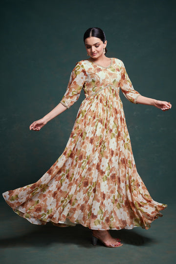 Brown Georgette Dress with Elegant Print