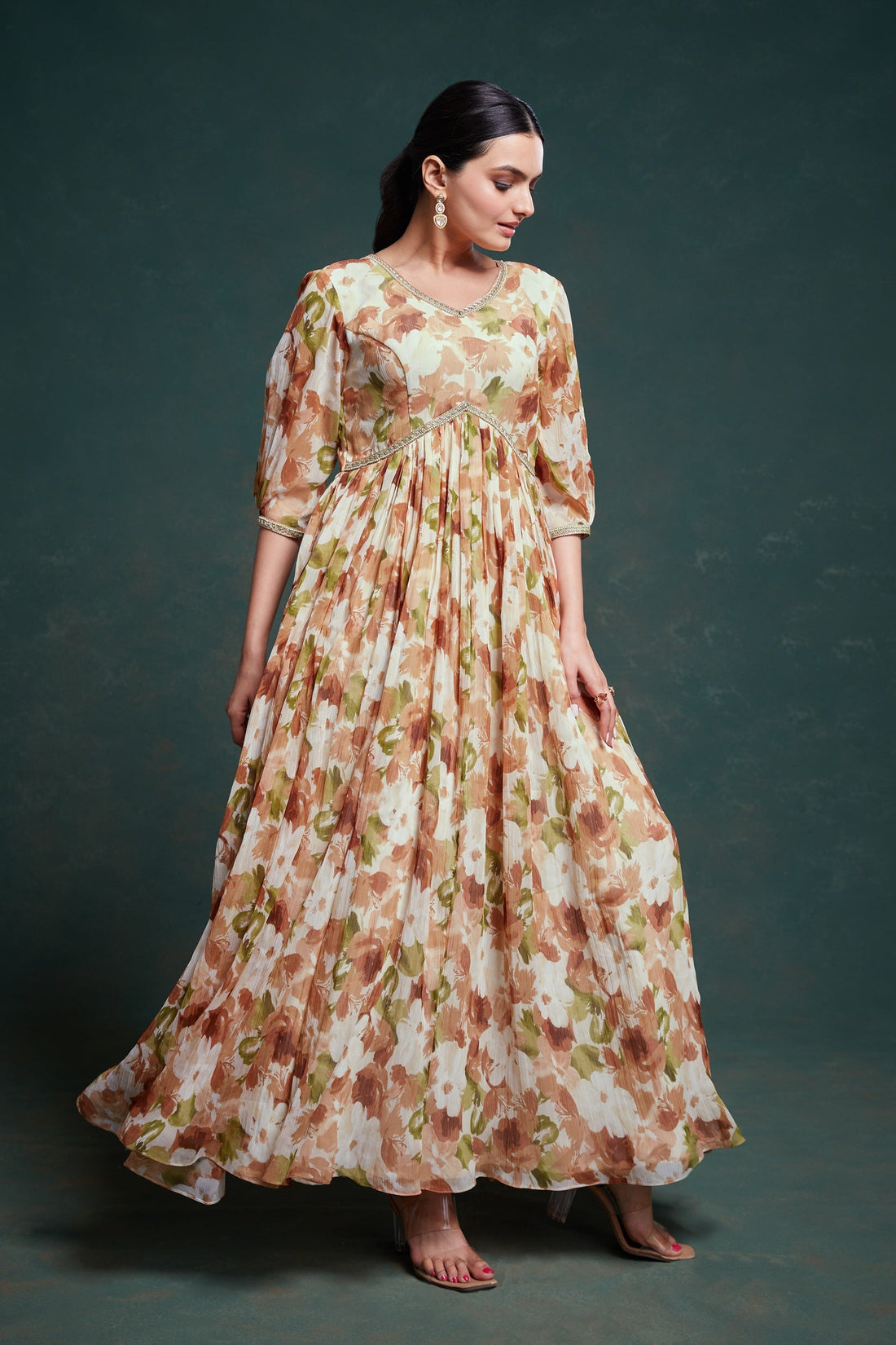 Brown Georgette Dress with Elegant Print