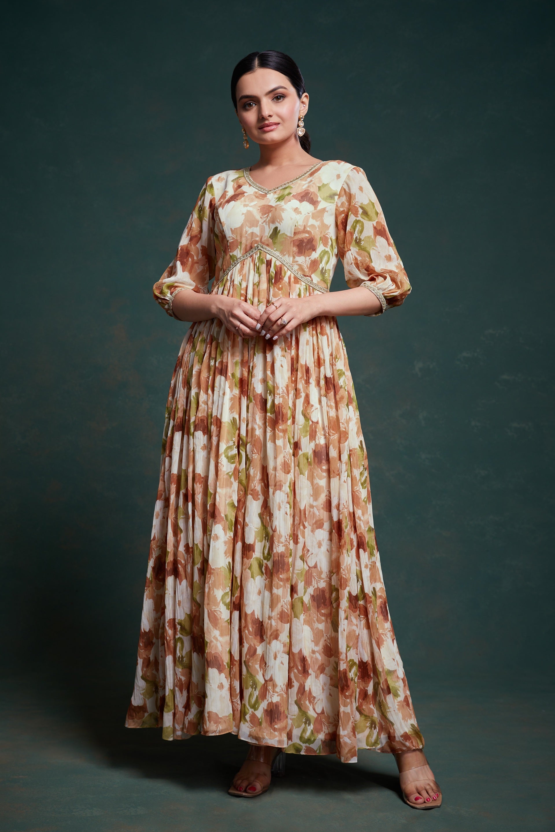 Brown Georgette Dress with Elegant Print