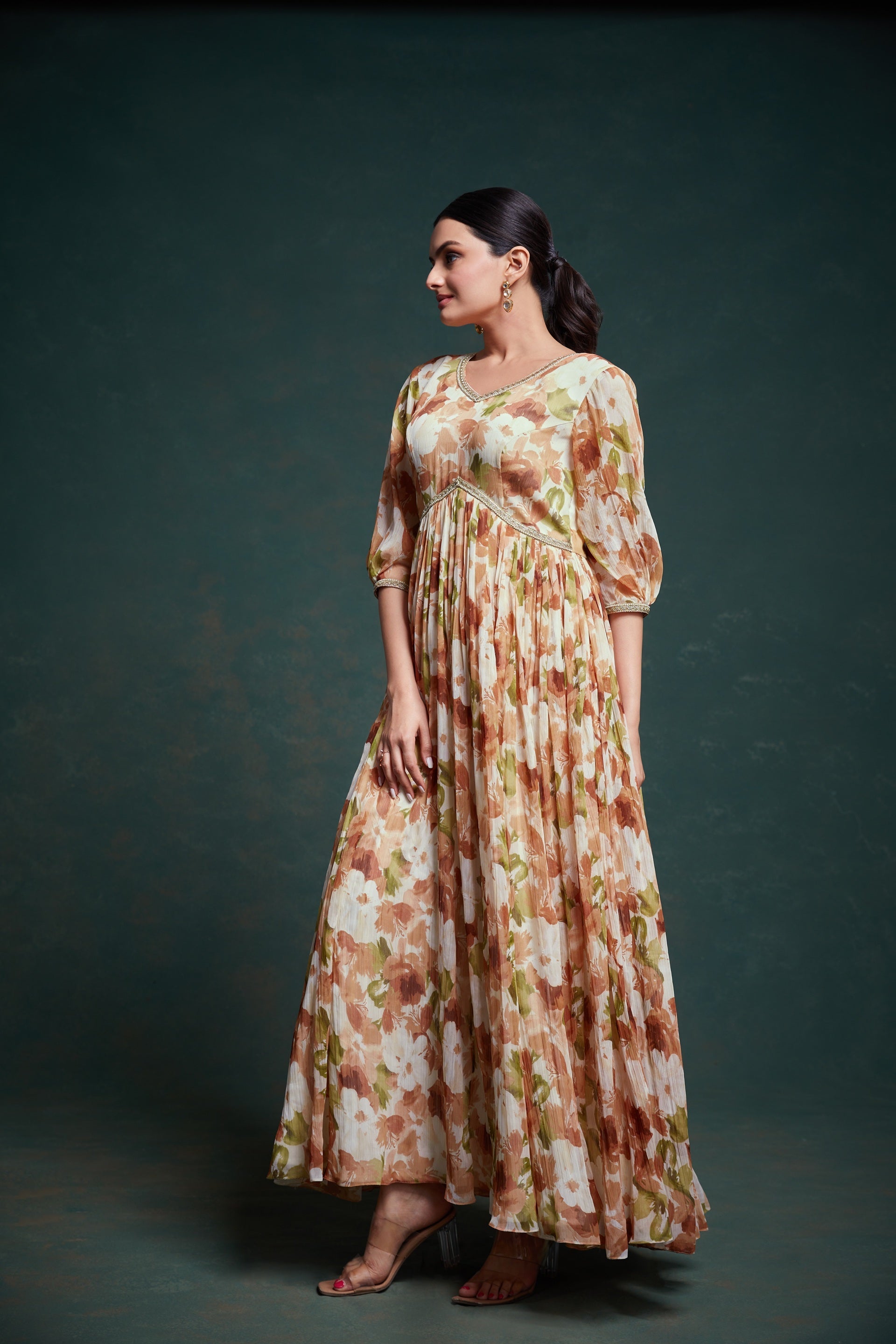 Brown Georgette Dress with Elegant Print