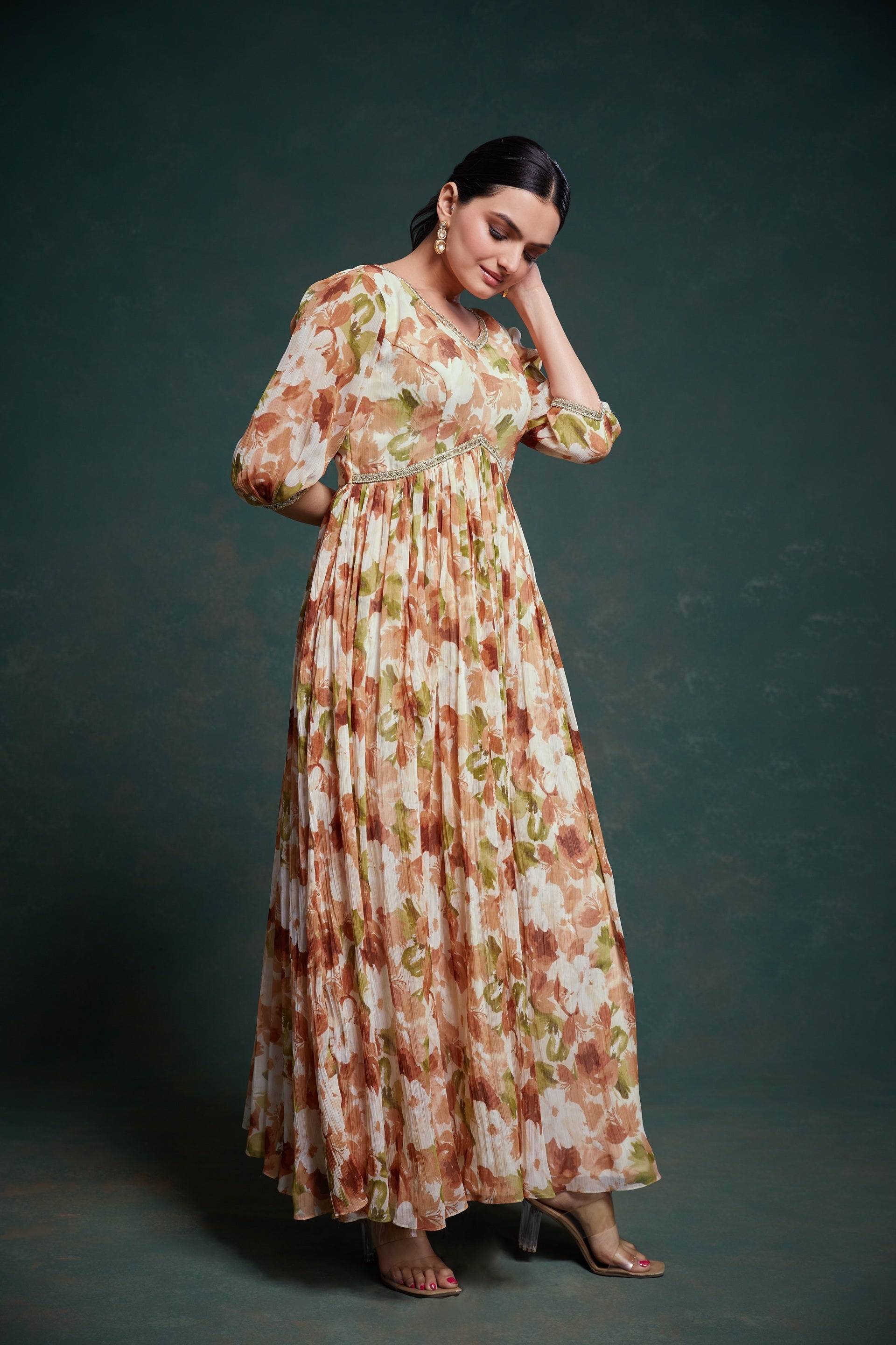 Brown Georgette Dress with Elegant Print