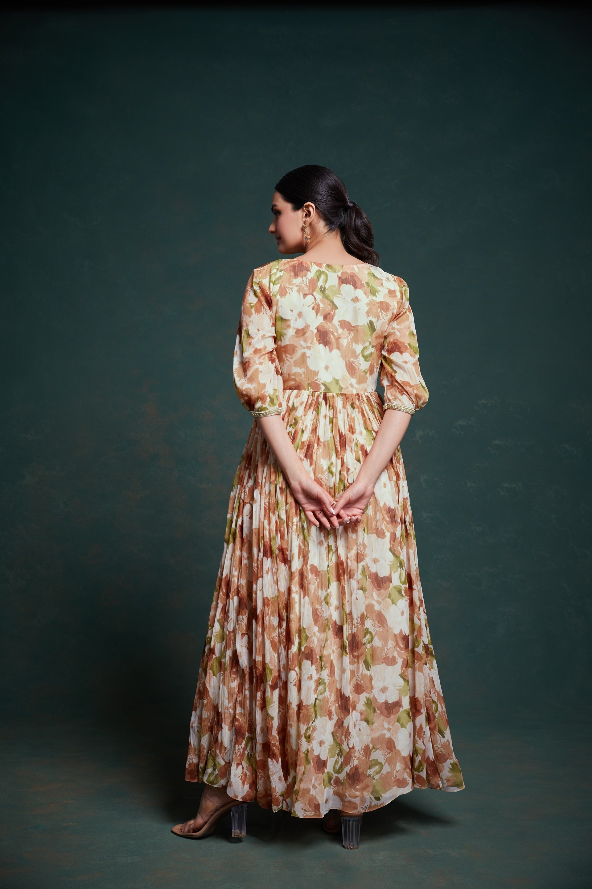 Brown Georgette Dress with Elegant Print