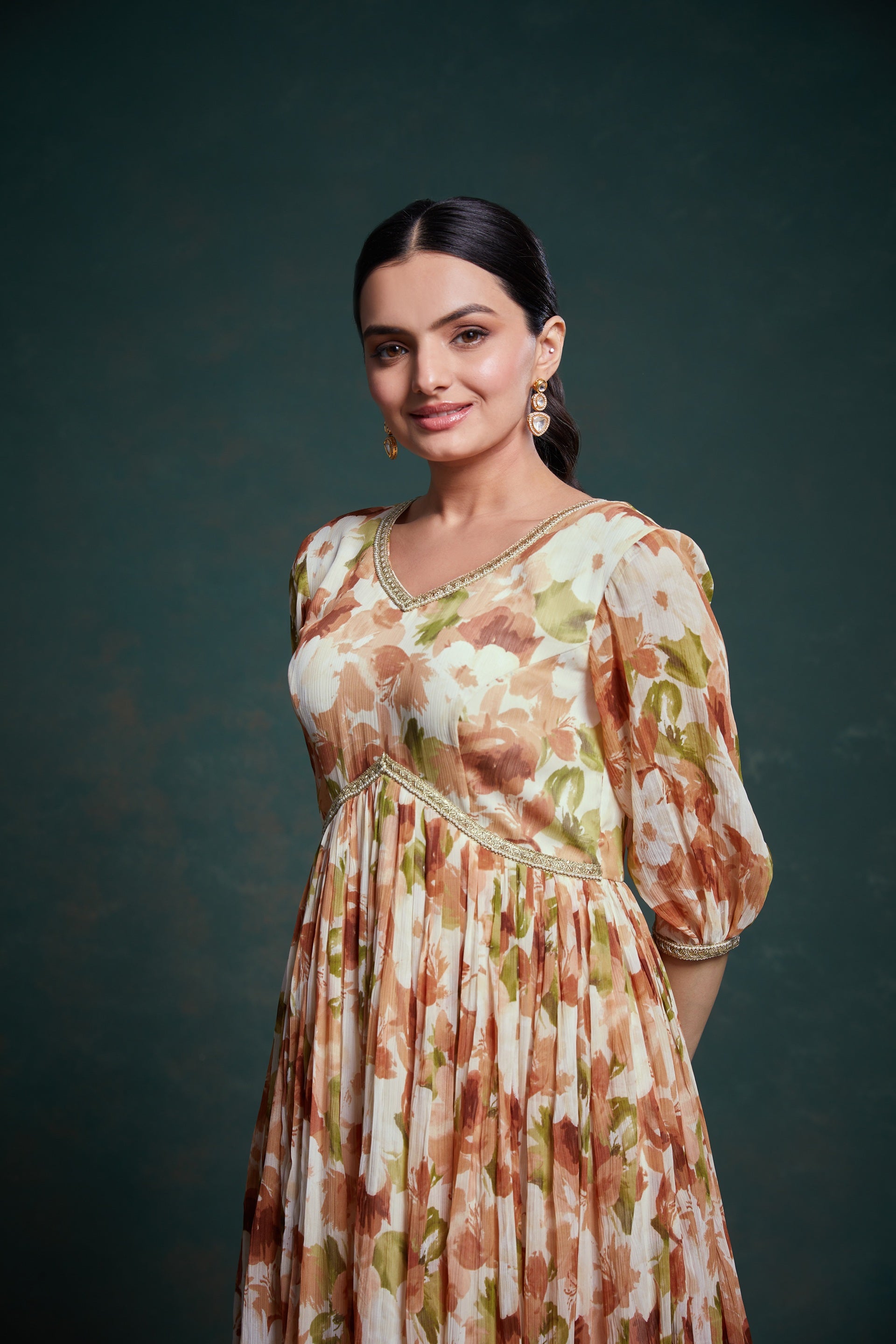 Brown Georgette Dress with Elegant Print