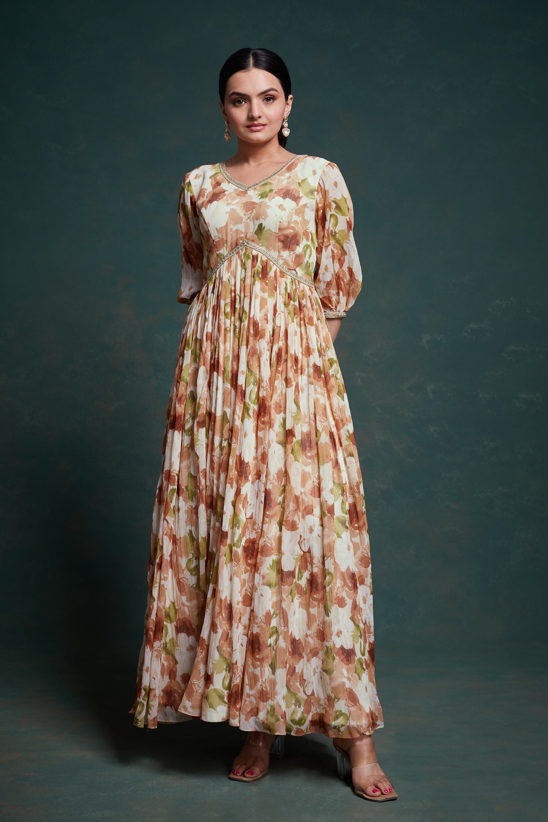 Brown Georgette Dress with Elegant Print