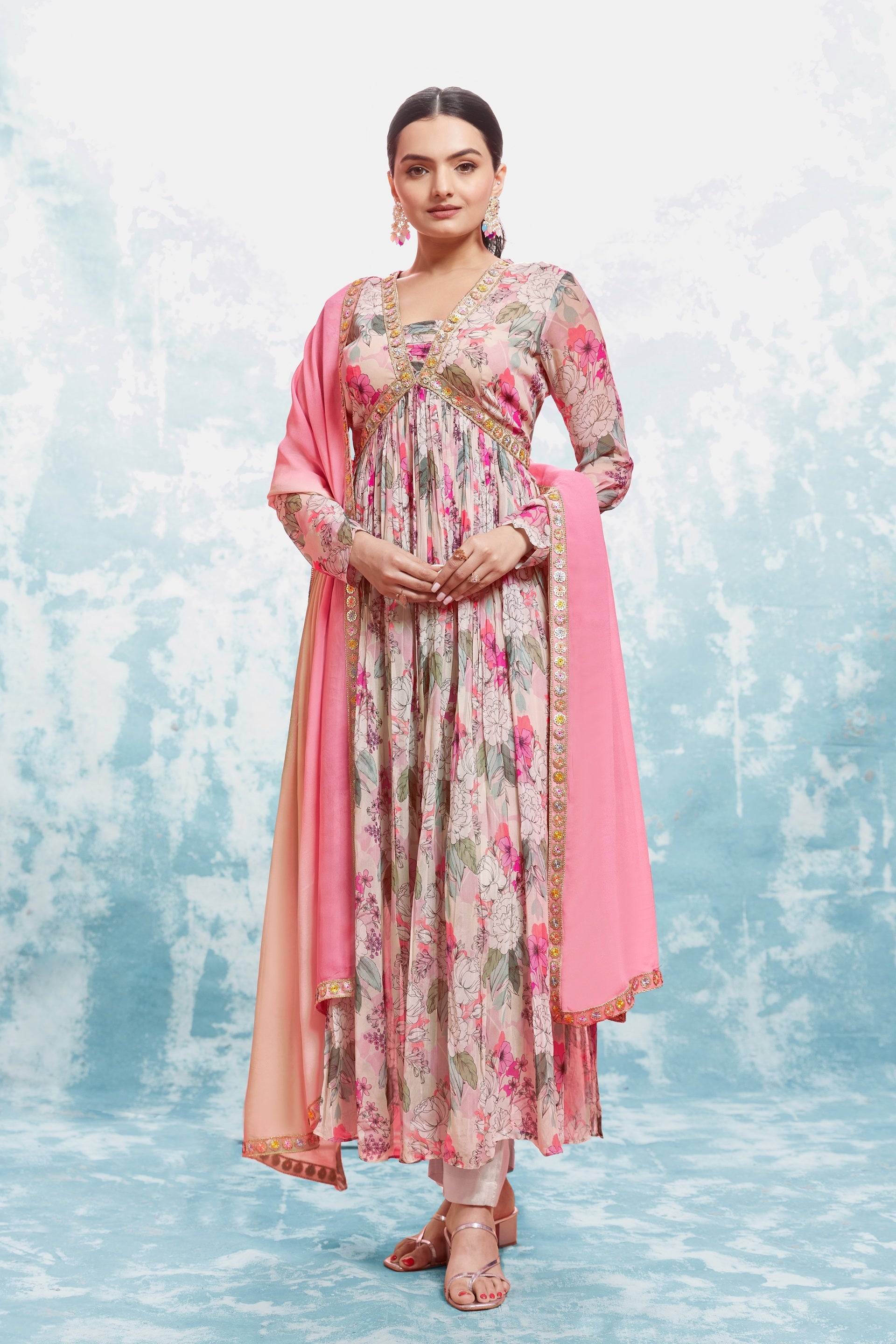 Multi Color Floral Anarkali Suit With Dupatta Stitched