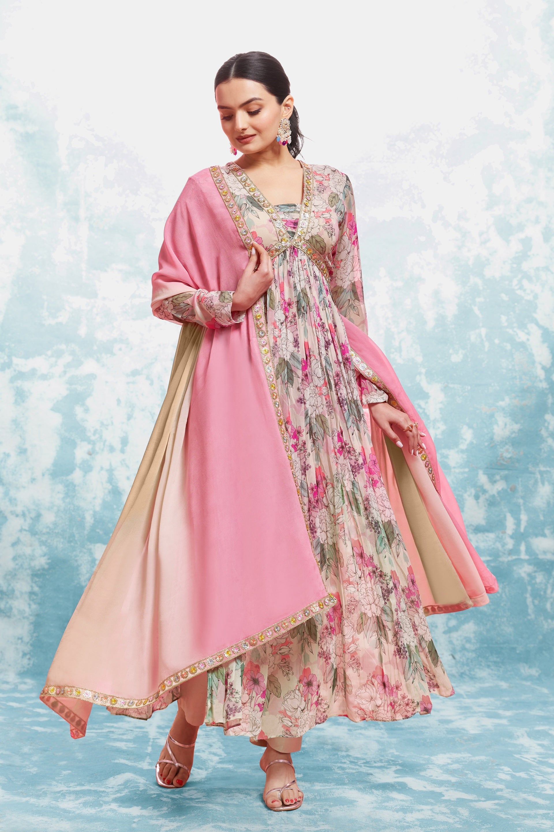 Multi Color Floral Anarkali Suit With Dupatta Stitched