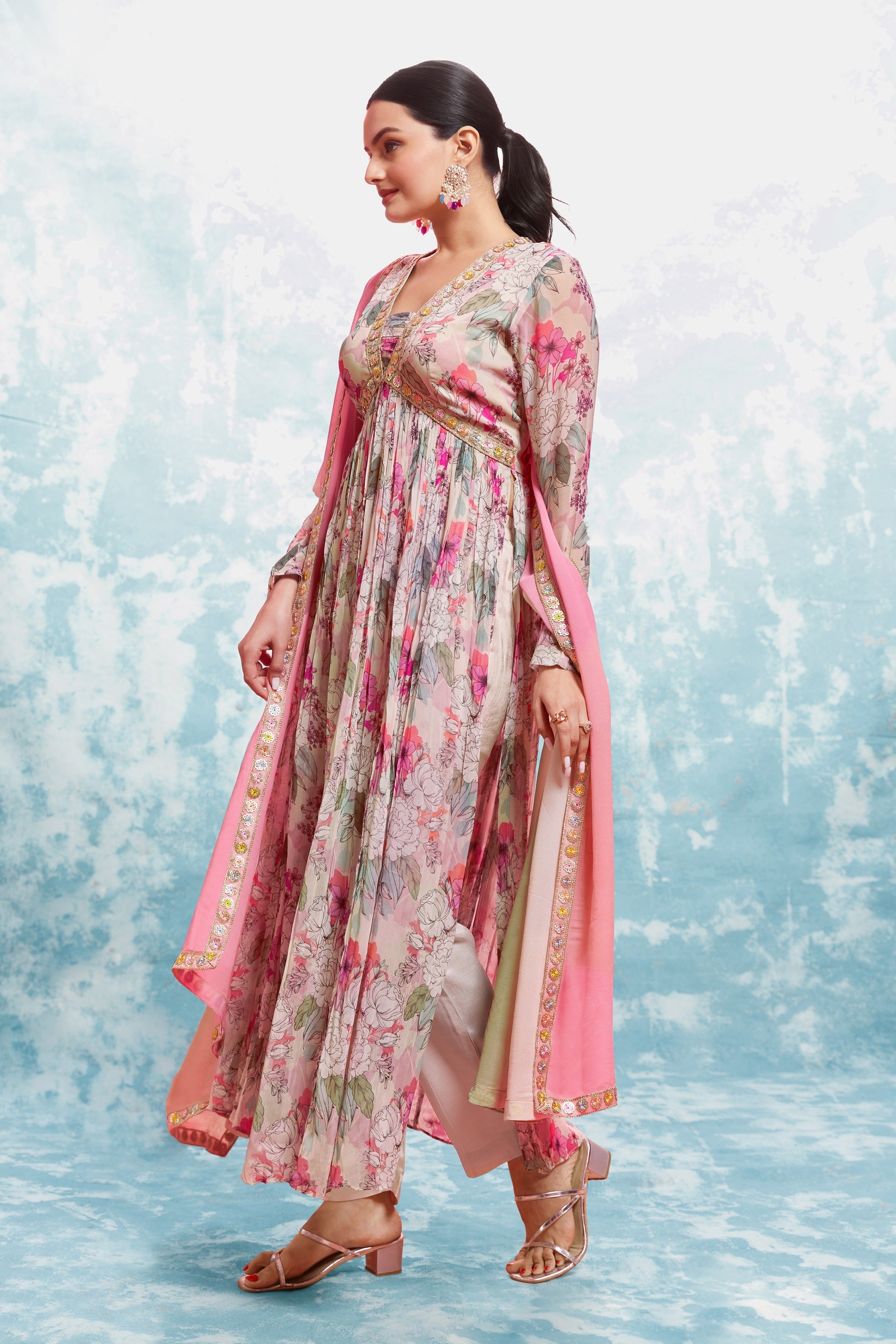Multi Color Floral Anarkali Suit With Dupatta Stitched