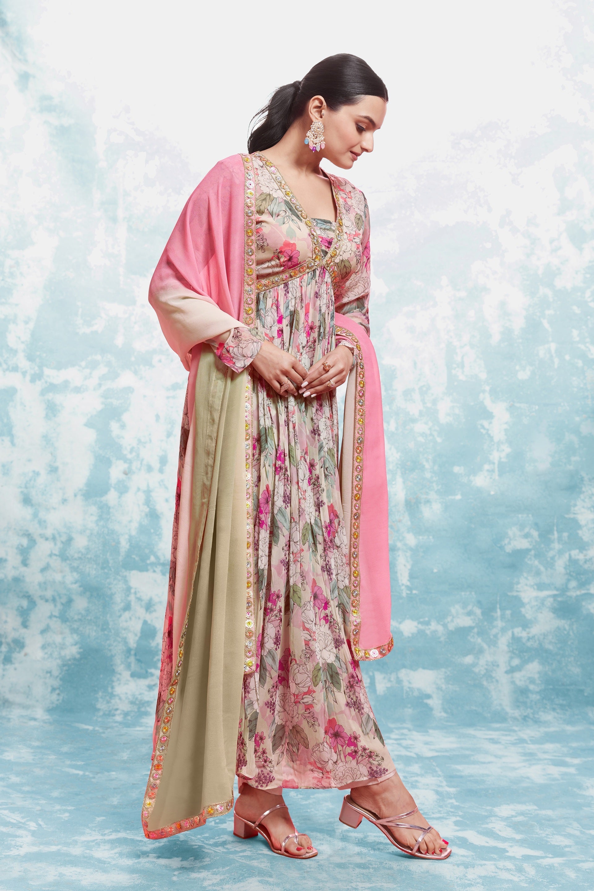 Multi Color Floral Anarkali Suit With Dupatta Stitched