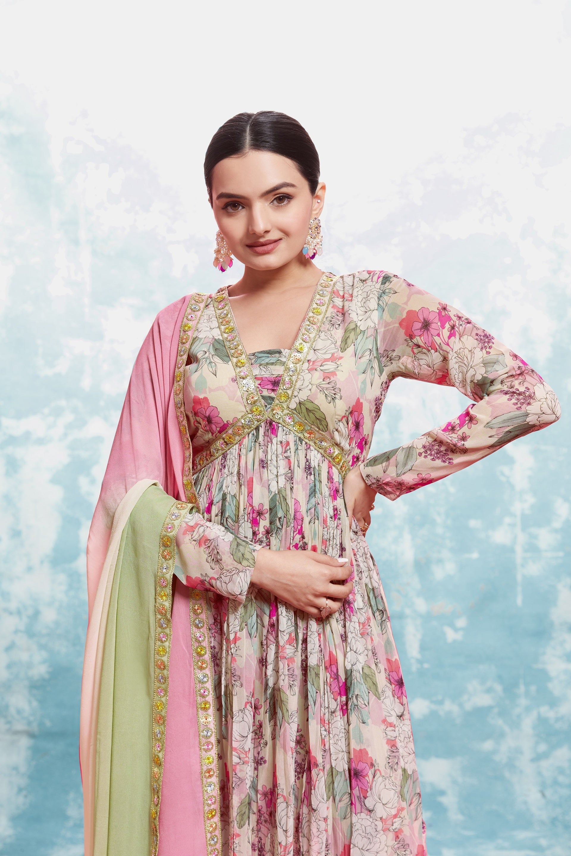 Multi Color Floral Anarkali Suit With Dupatta Stitched