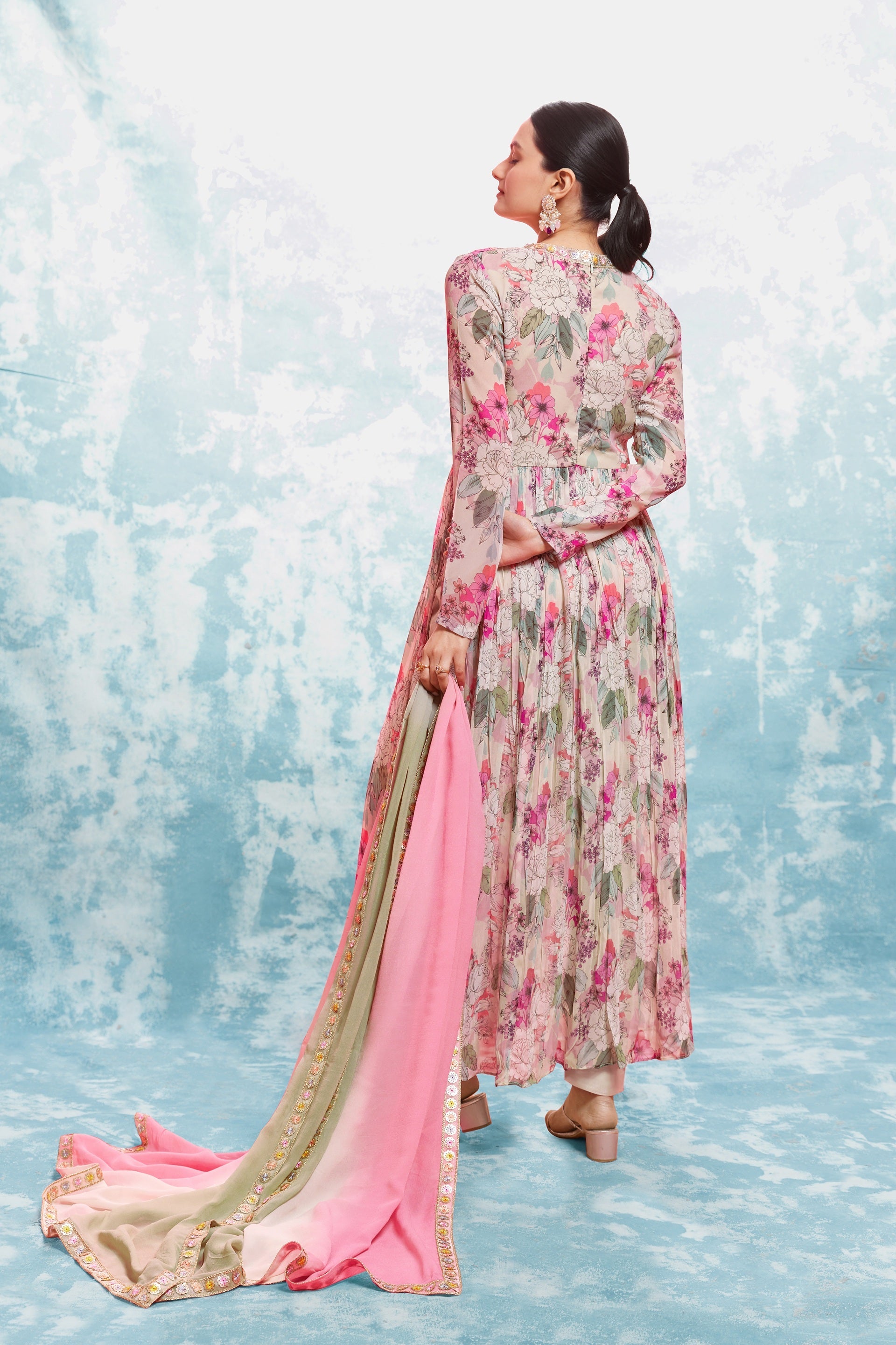 Multi Color Floral Anarkali Suit With Dupatta Stitched