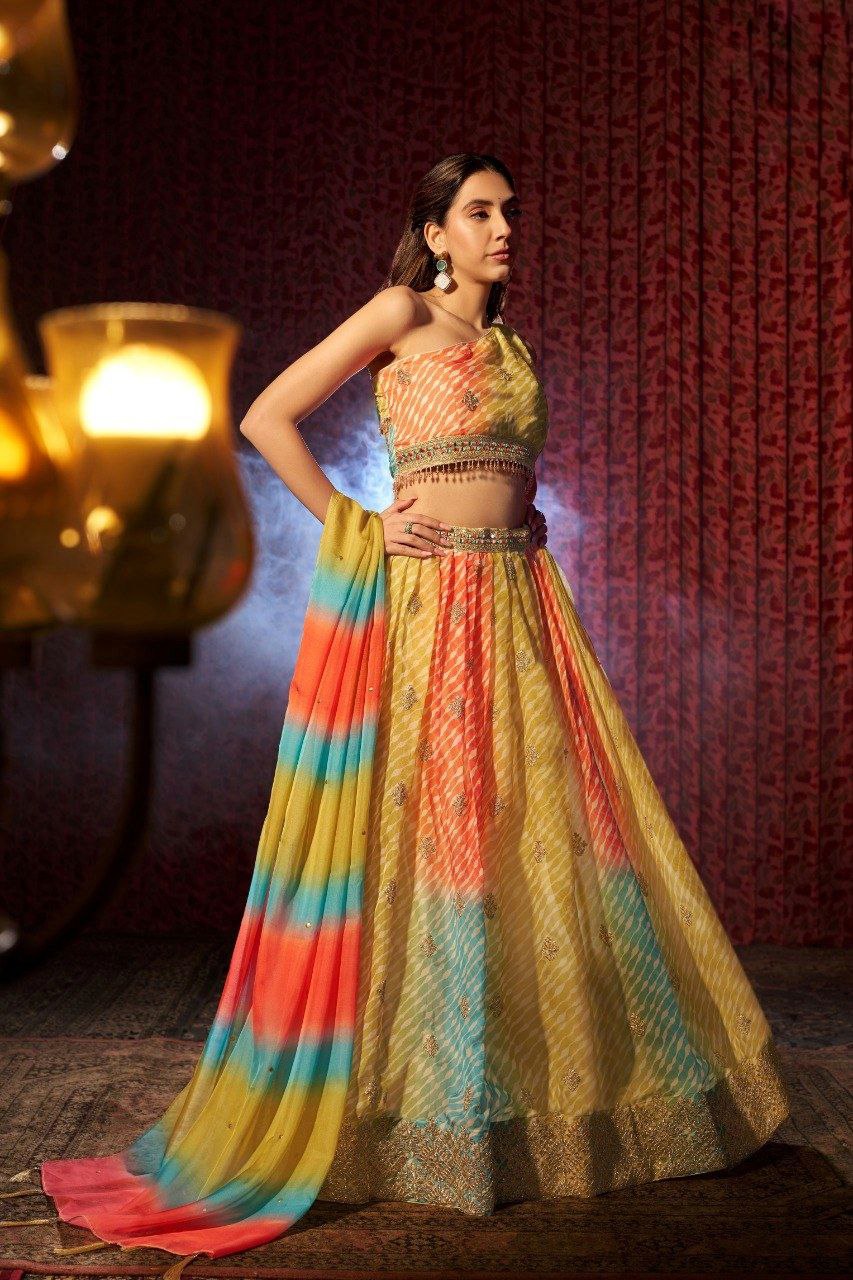 Multi Colour Organza Semi-Stitched Lehenga Choli
