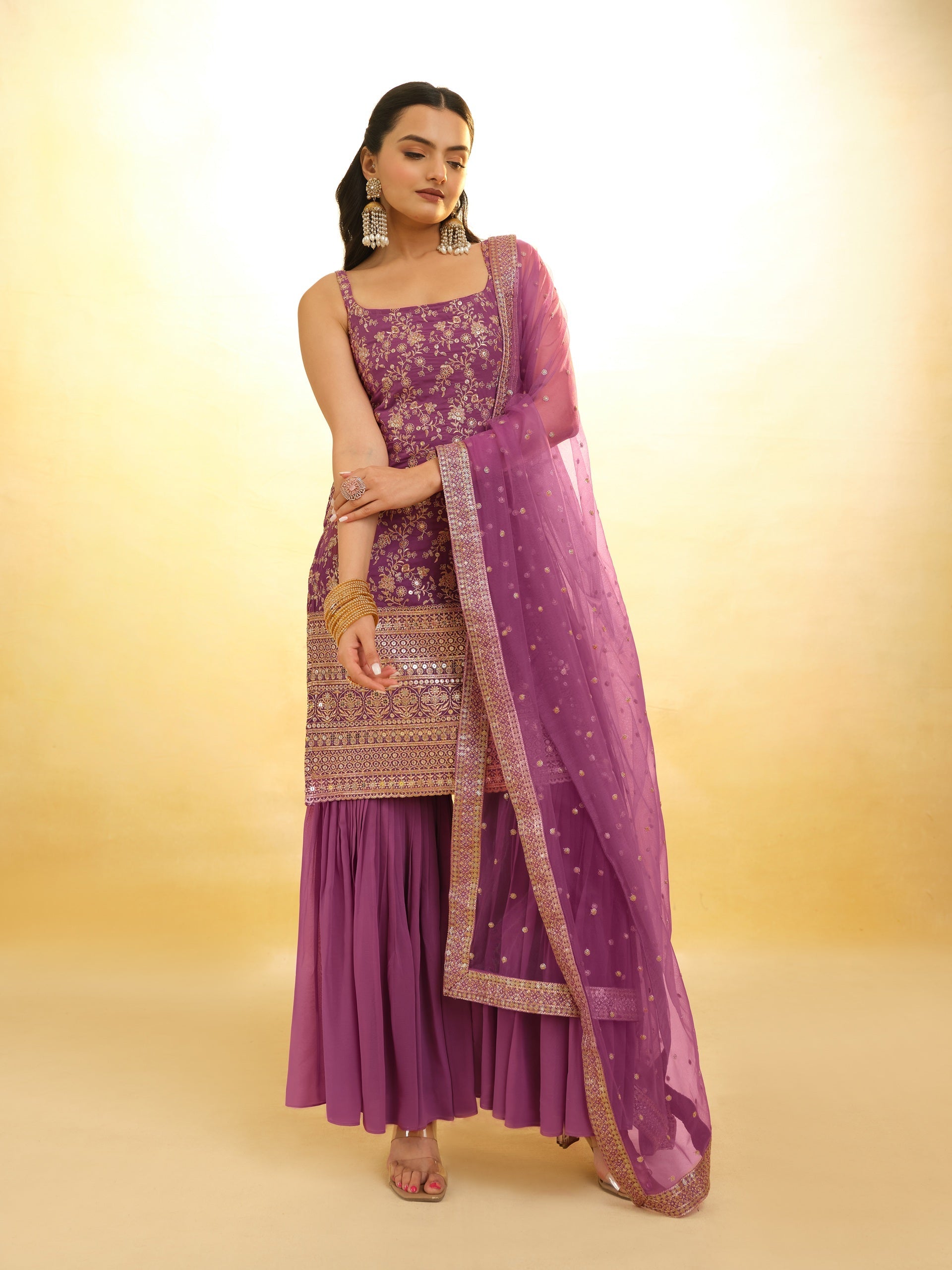 Purple Embroidered Georgette Sharara
