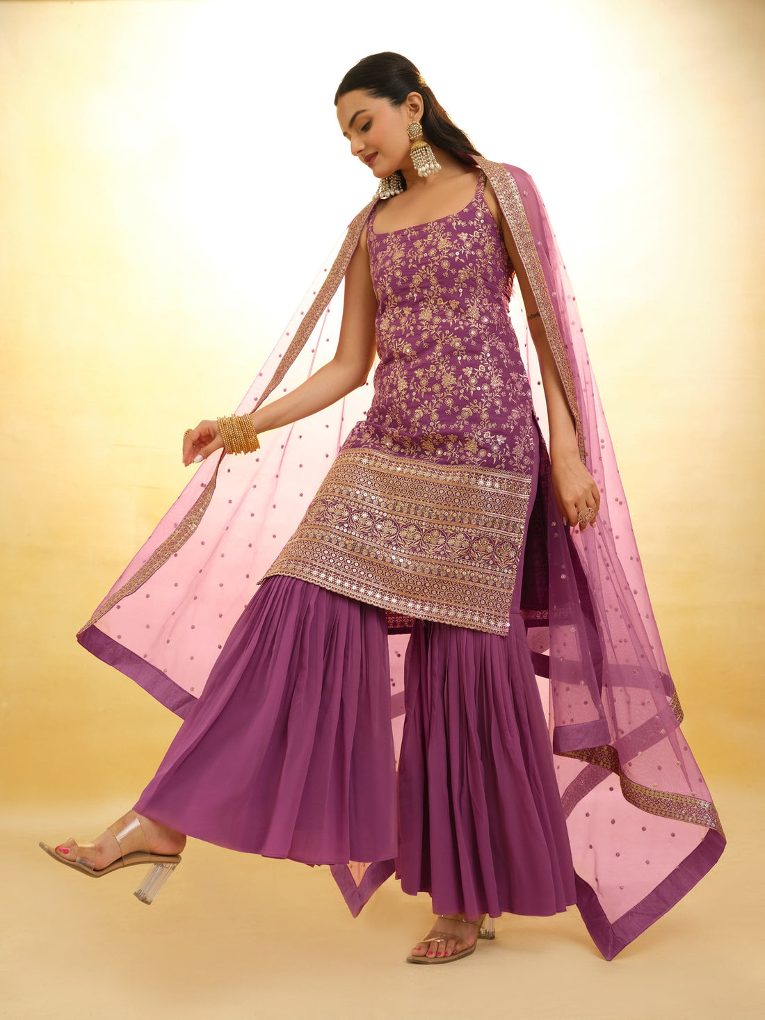 Purple Embroidered Georgette Sharara