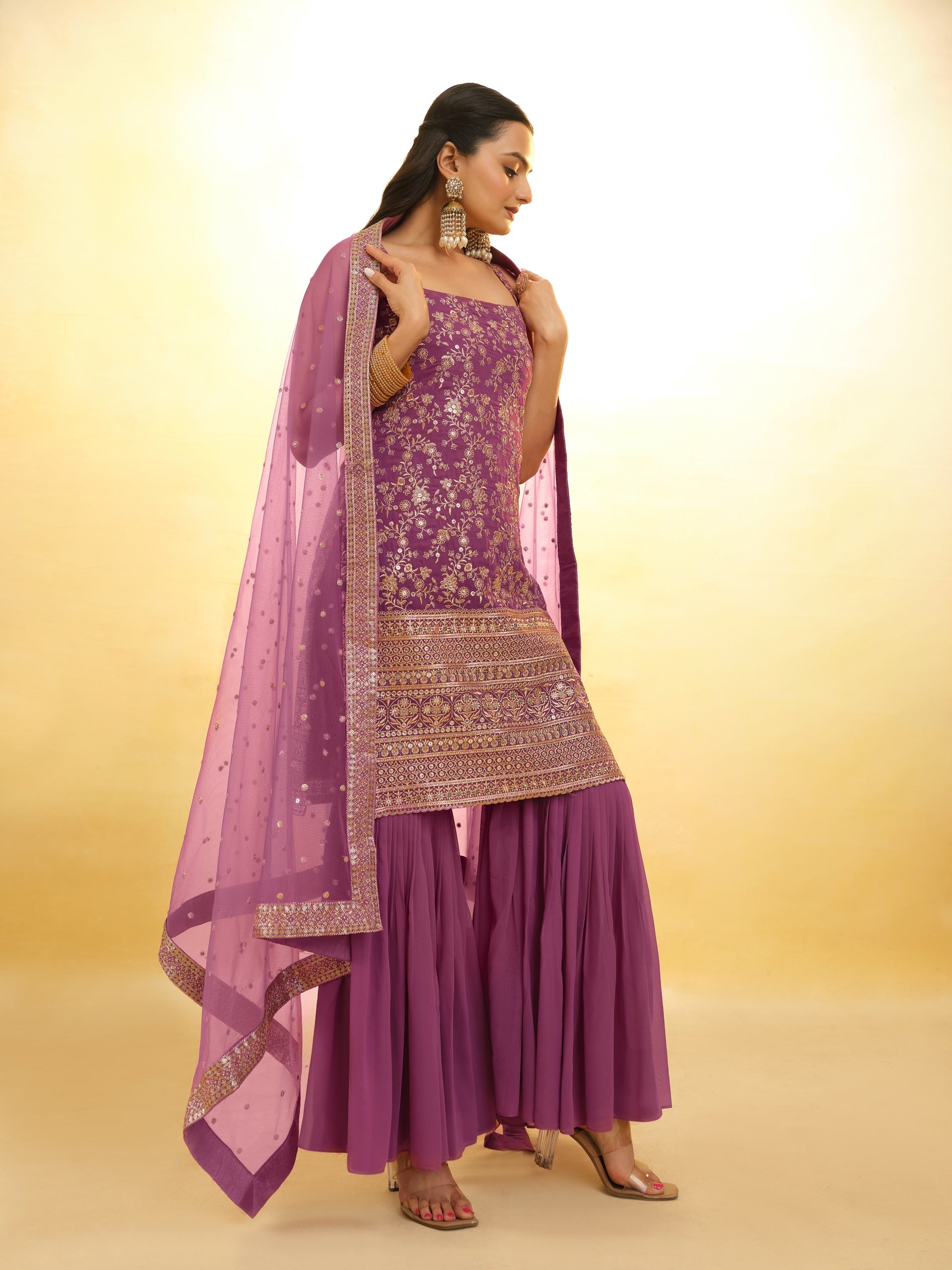Purple Embroidered Georgette Sharara
