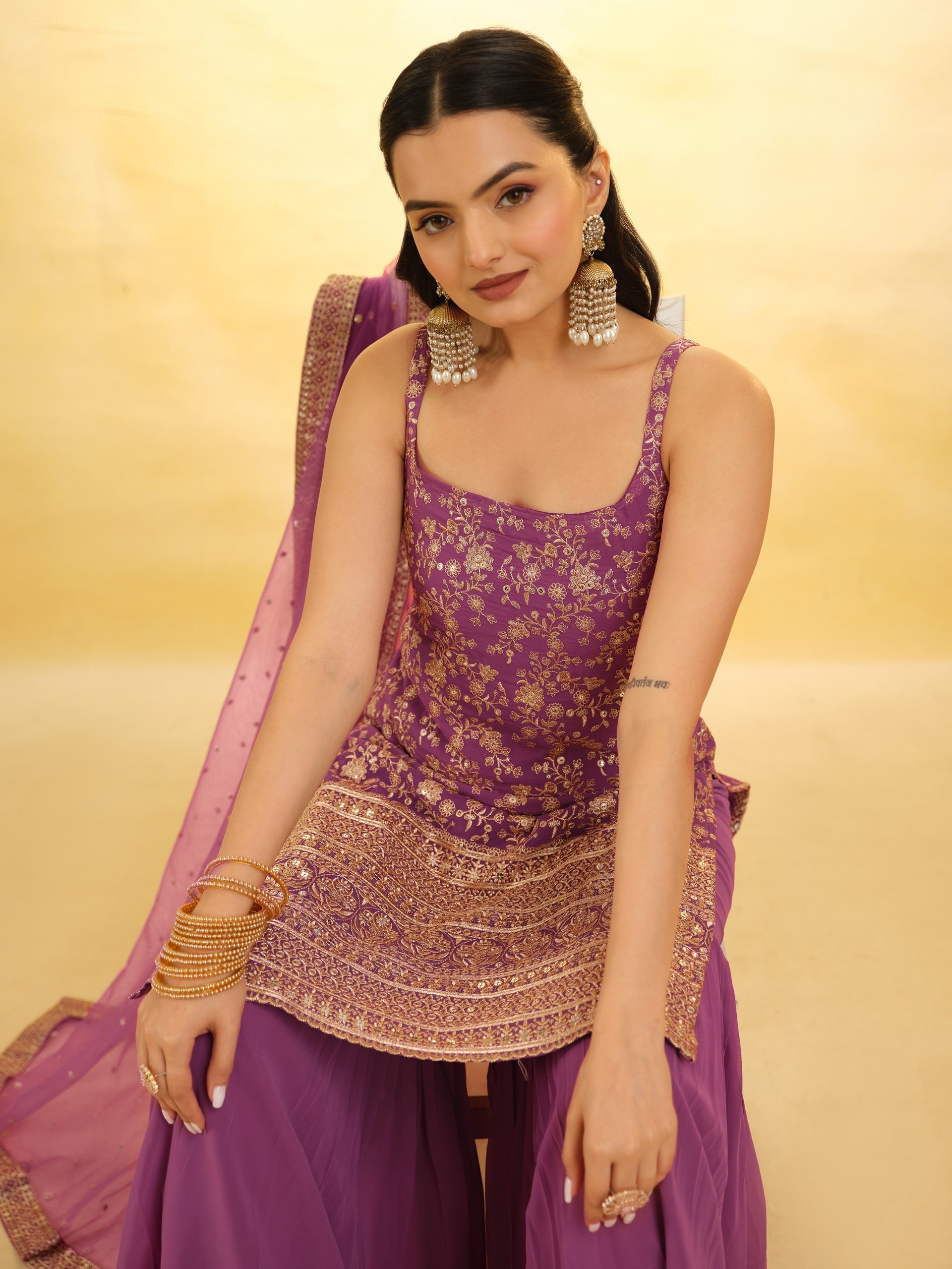 Purple Embroidered Georgette Sharara