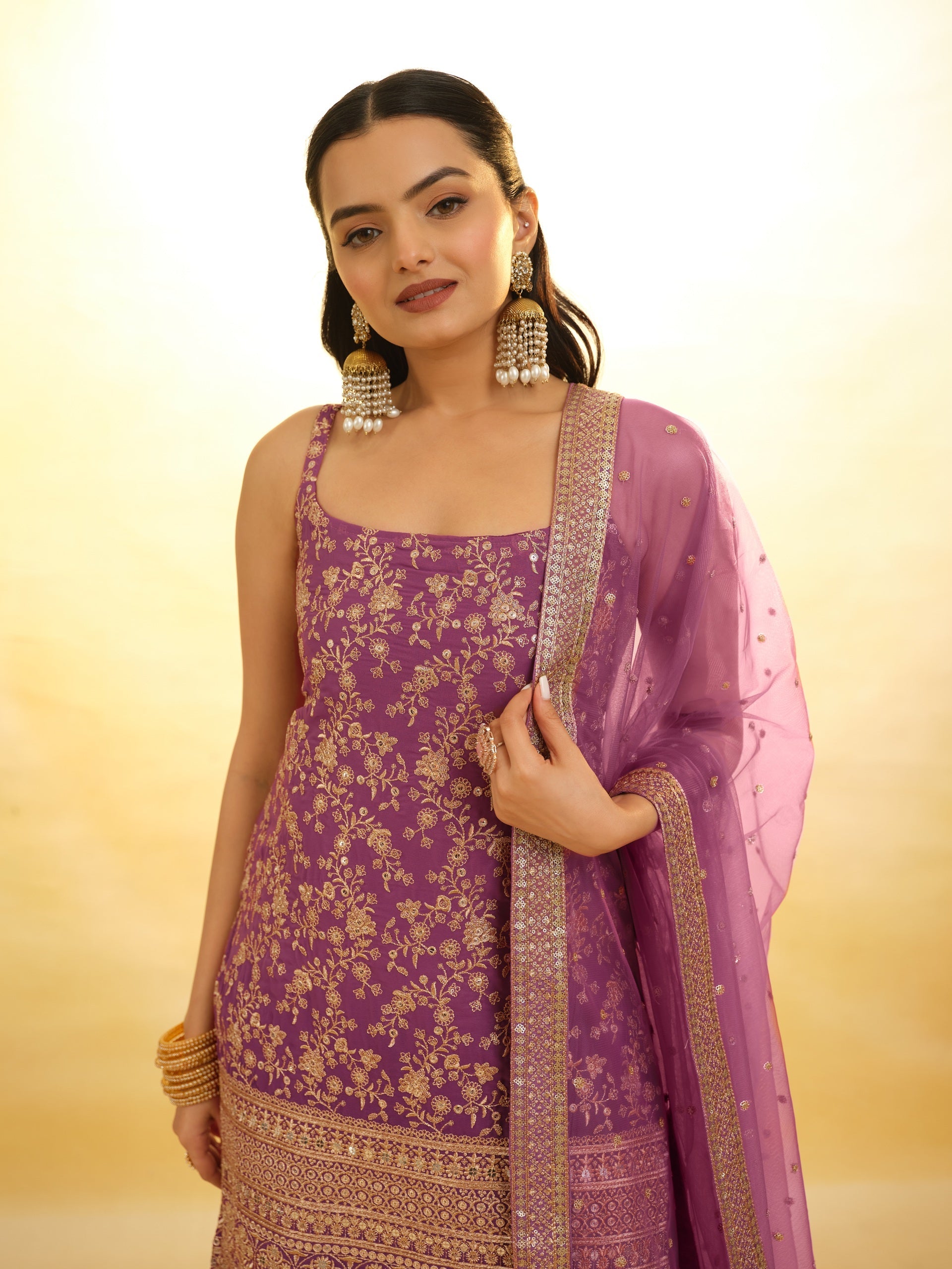 Purple Embroidered Georgette Sharara