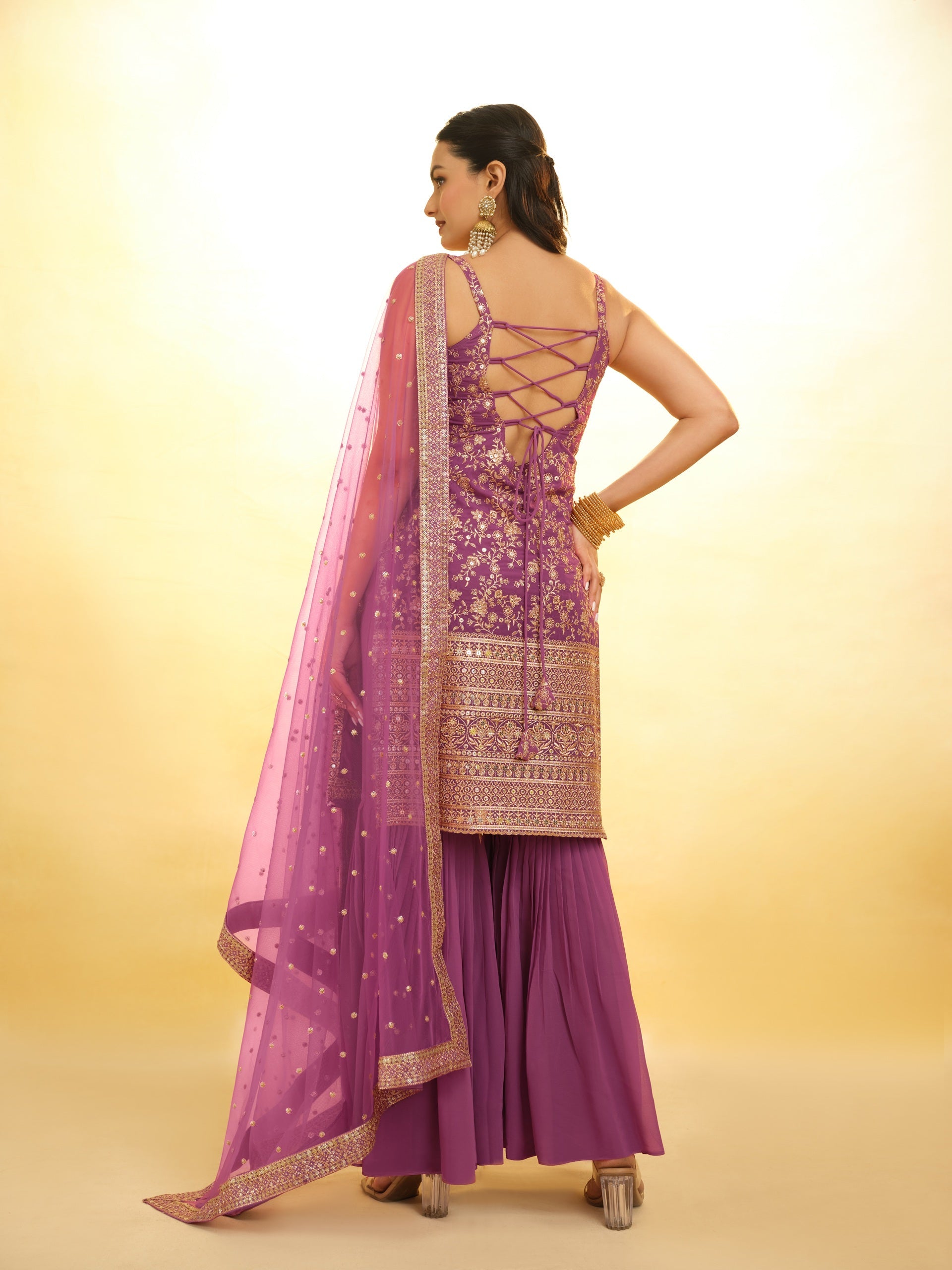 Purple Embroidered Georgette Sharara