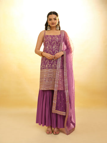 Purple Embroidered Georgette Sharara