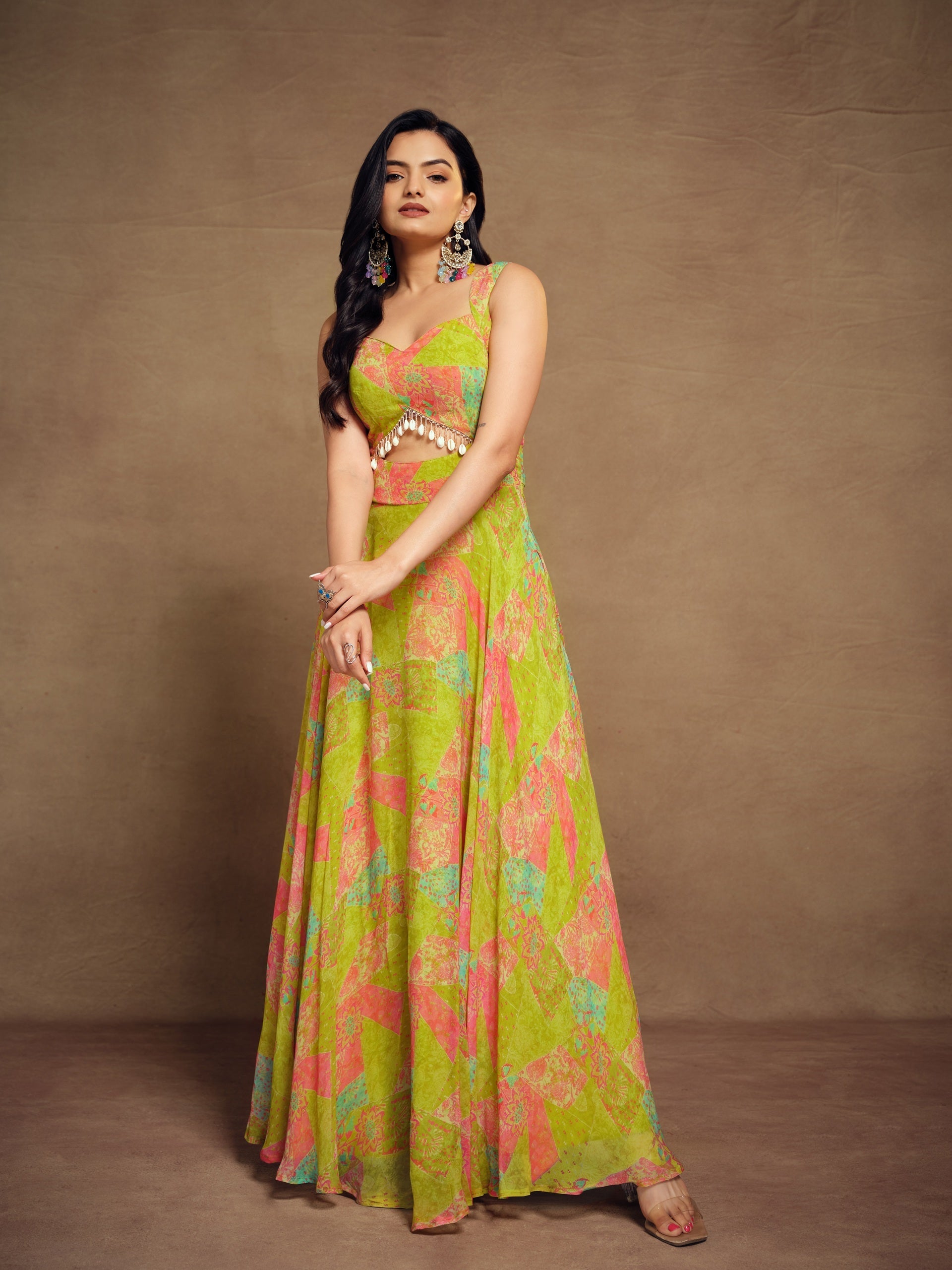 Lime Green Georgette Wide Shoulder Strap Front Cut Out Dress