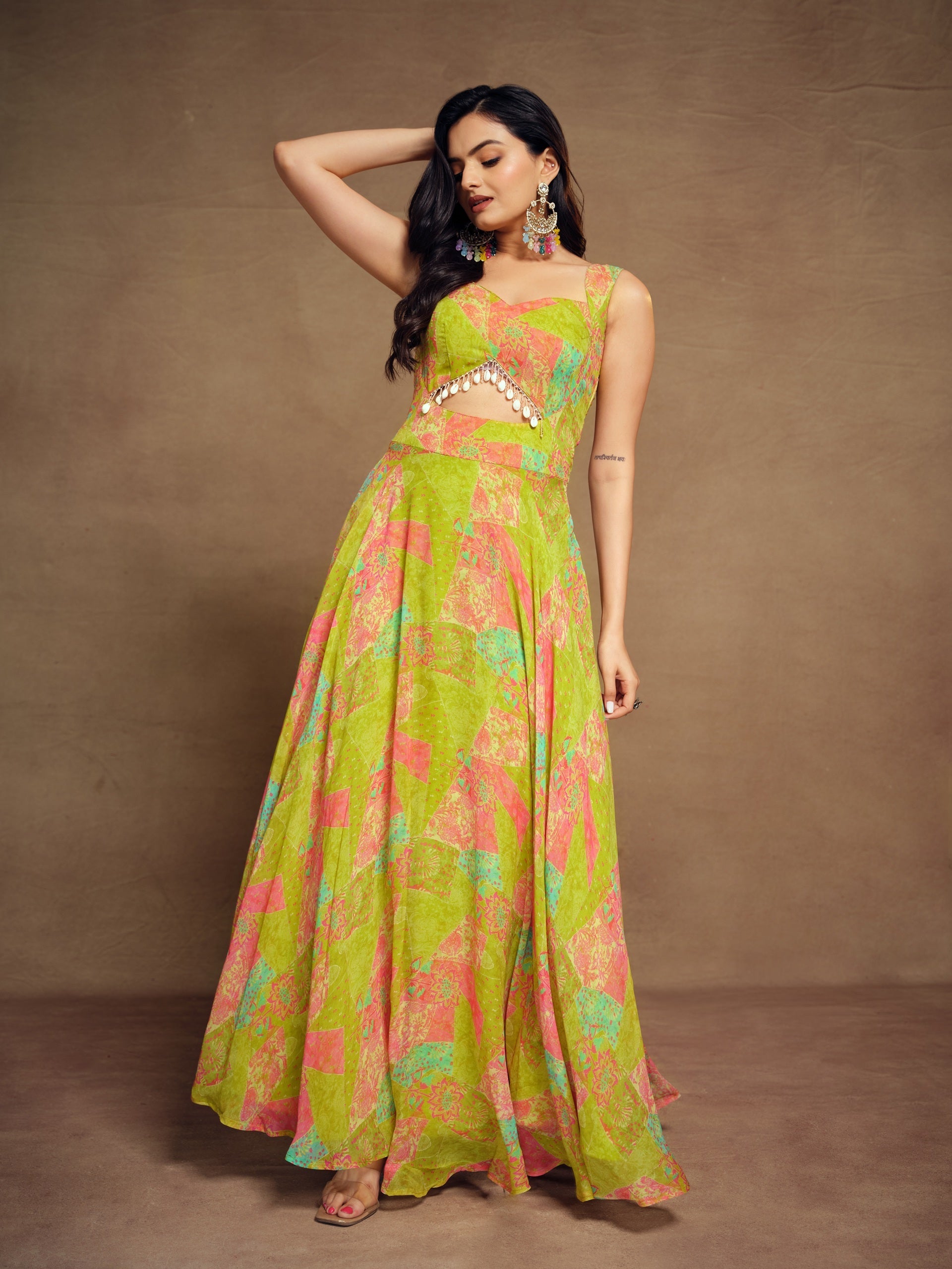 Lime Green Georgette Wide Shoulder Strap Front Cut Out Dress