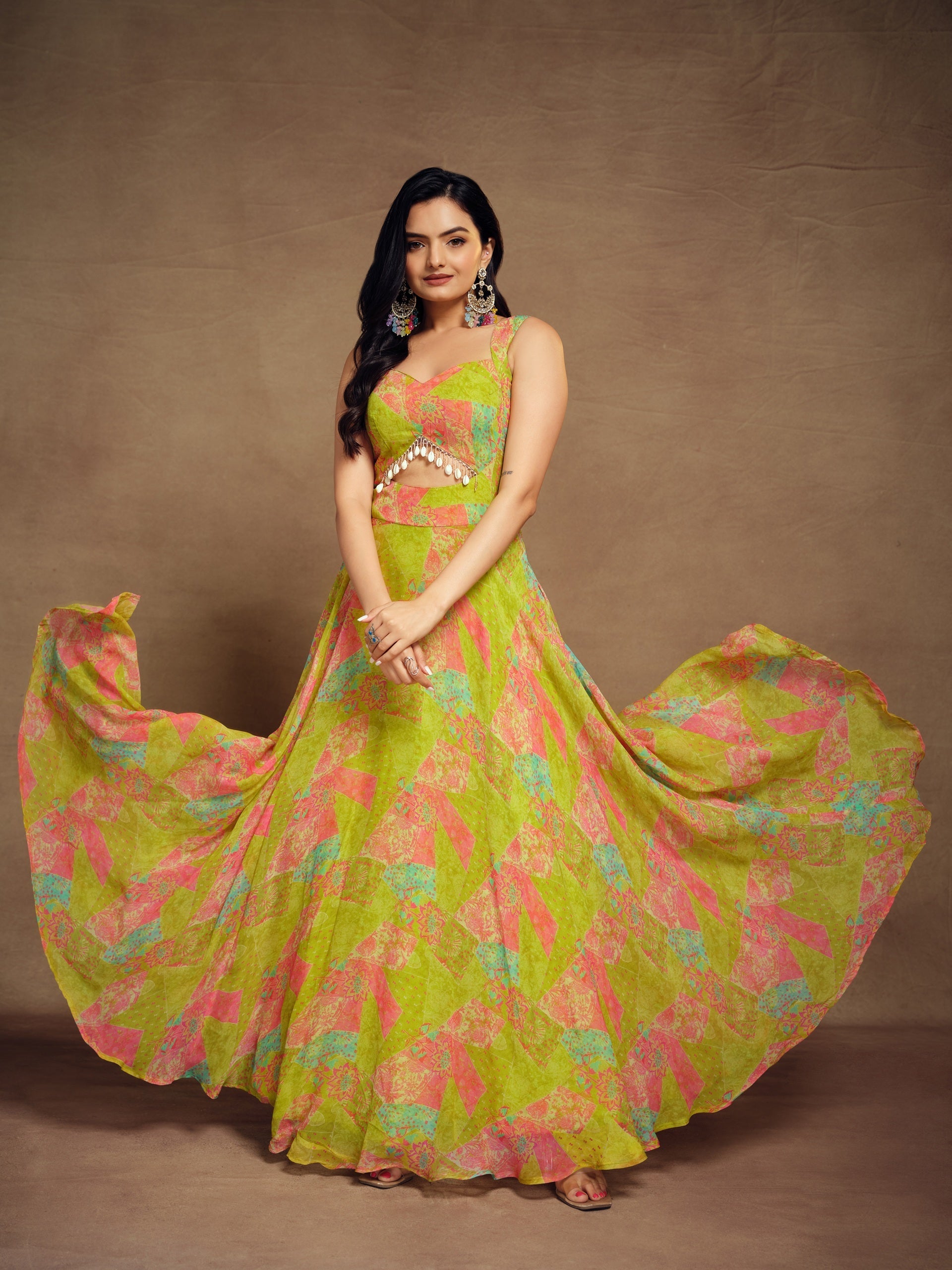 Lime Green Georgette Wide Shoulder Strap Front Cut Out Dress
