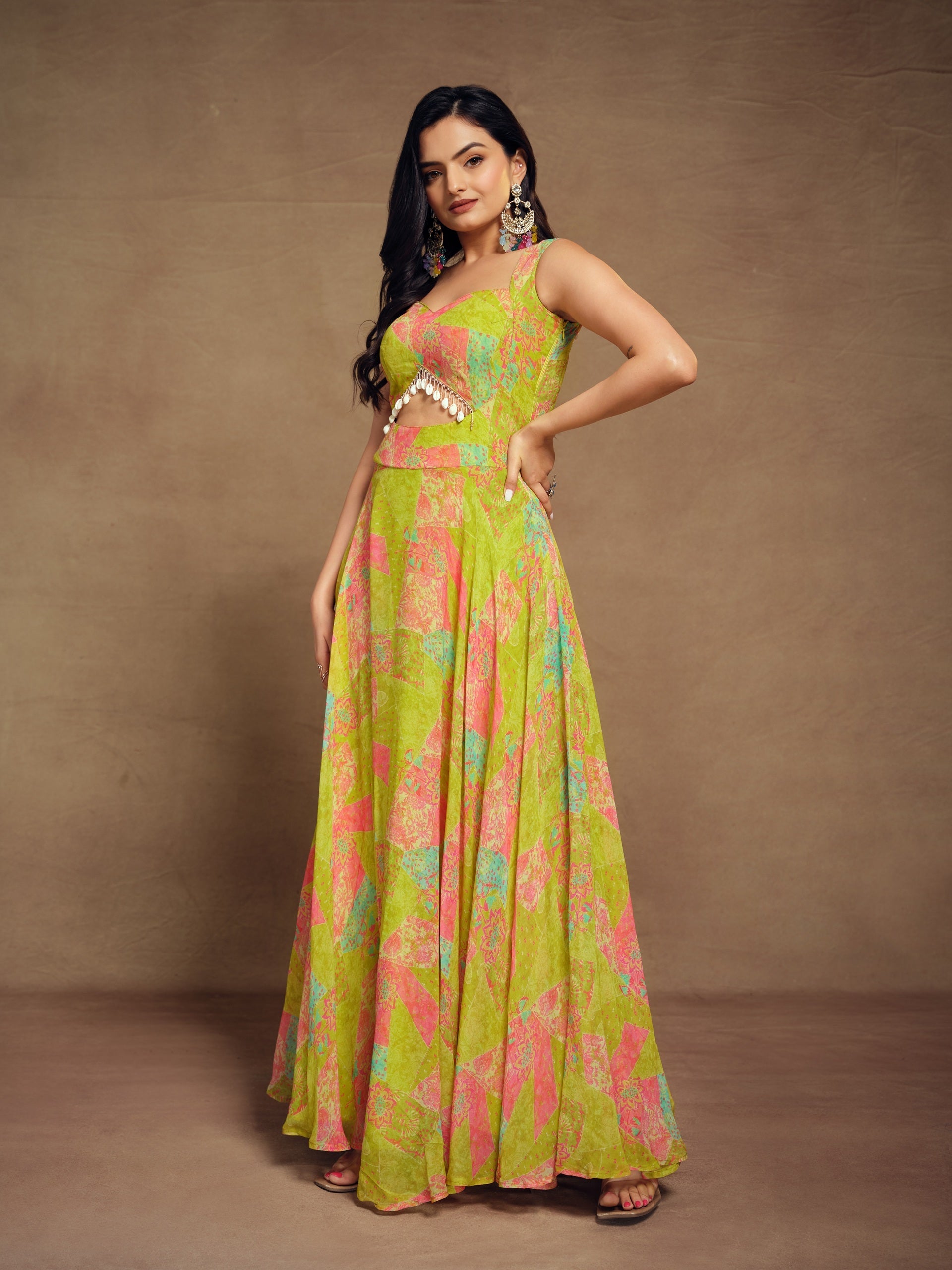 Lime Green Georgette Wide Shoulder Strap Front Cut Out Dress