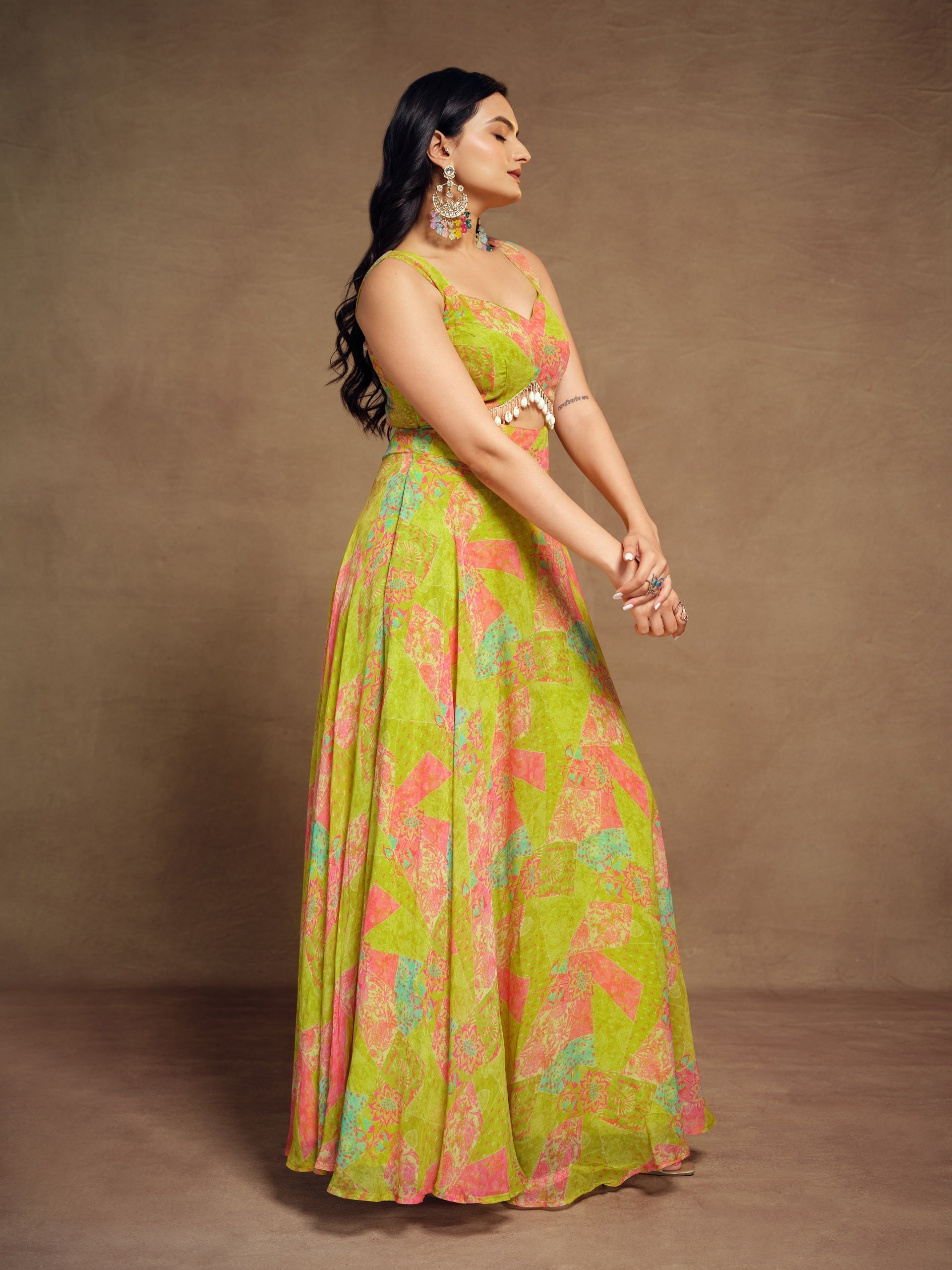 Lime Green Georgette Wide Shoulder Strap Front Cut Out Dress