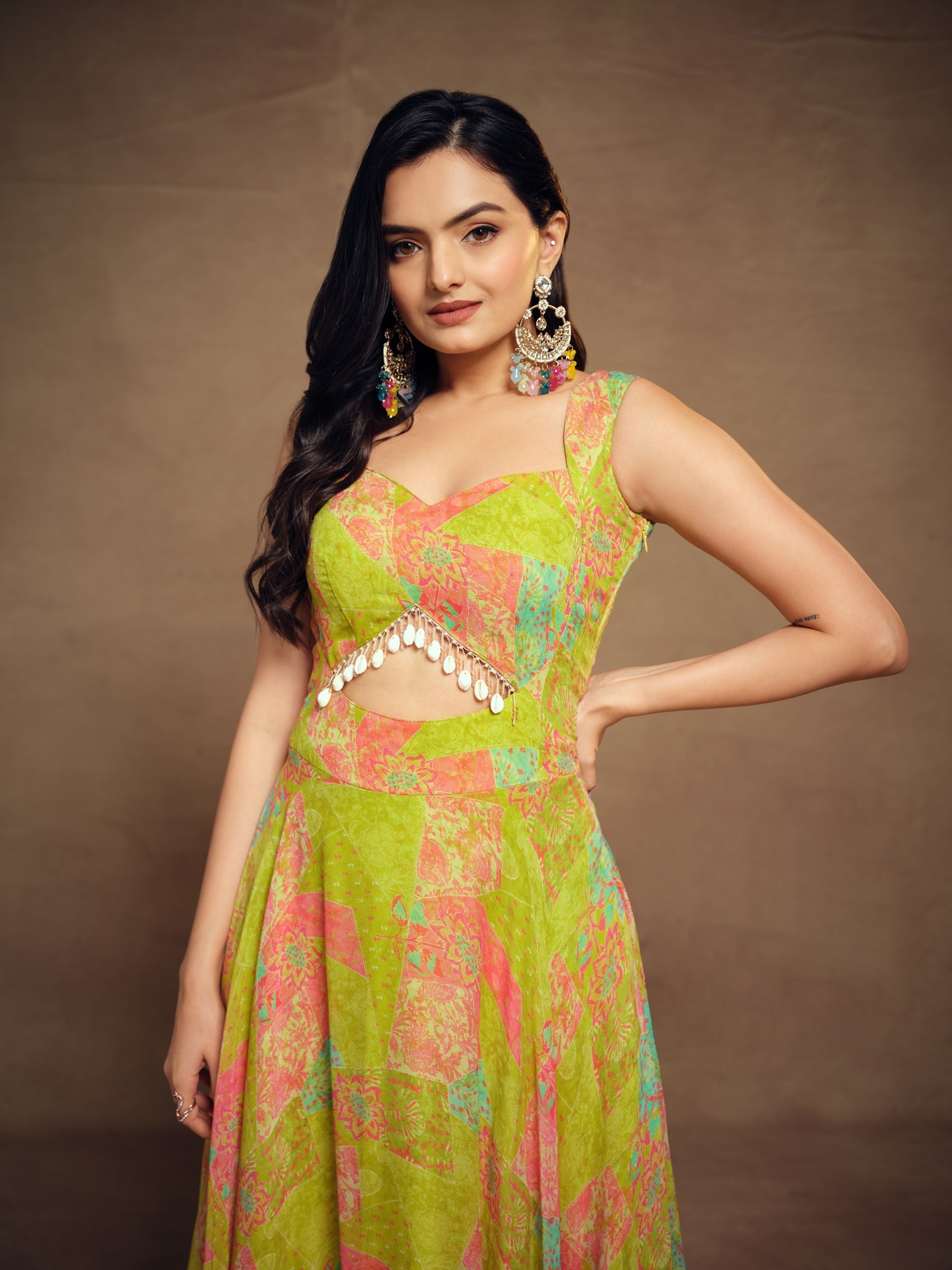 Lime Green Georgette Wide Shoulder Strap Front Cut Out Dress