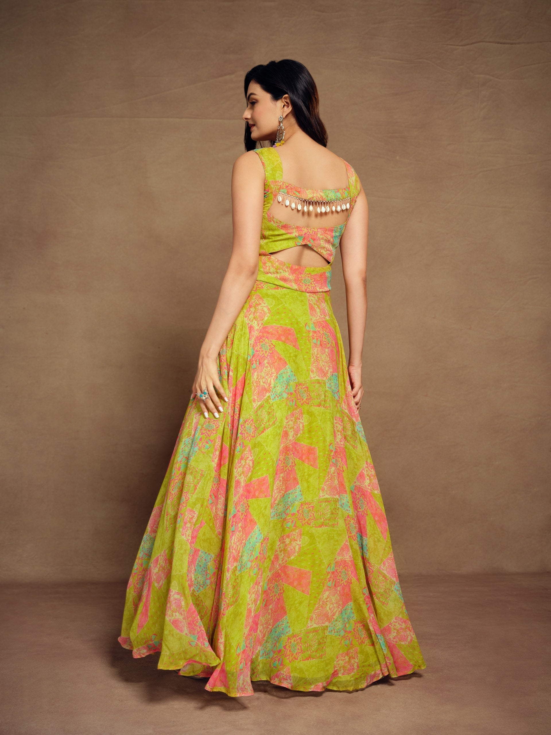 Lime Green Georgette Wide Shoulder Strap Front Cut Out Dress