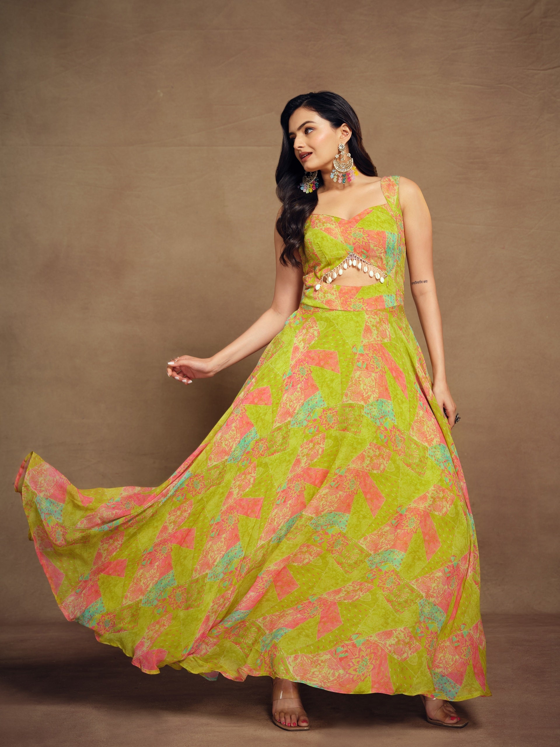 Lime Green Georgette Wide Shoulder Strap Front Cut Out Dress